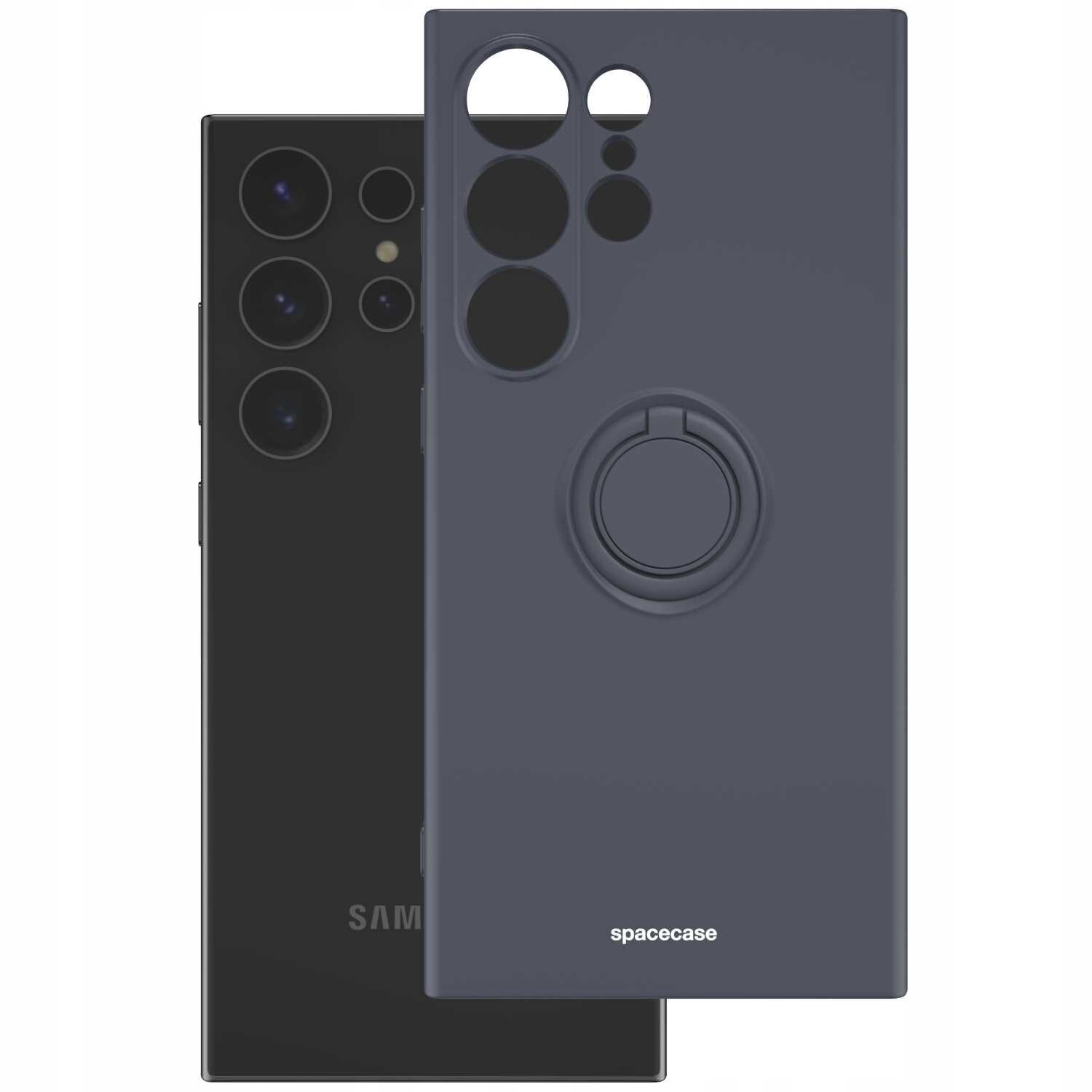 Na obrazie widoczne jest czarne silikonowe etui z pierścieniem, przeznaczone do telefonu z kilkoma obiektywami aparatu. Na etui znajduje się napis \'spacecase\'.
