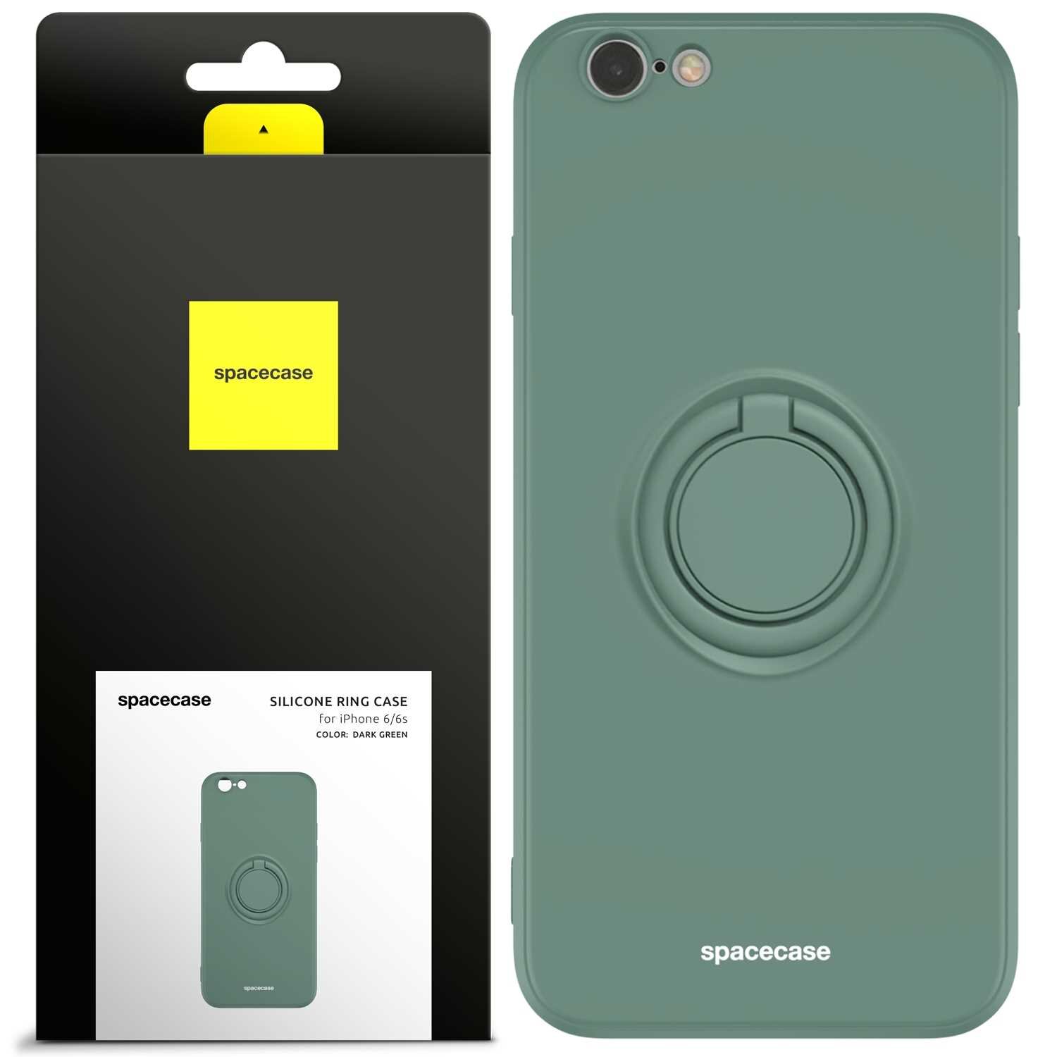 Zielone silikonowe etui z pierścieniem na iPhone 6/6s, obok opakowanie z logo \'spacecase\'.