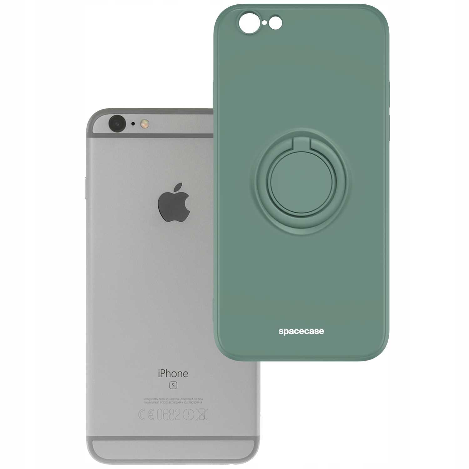 Obraz przedstawia zielone silikonowe etui z pierścieniem na iPhone 6/6s oraz tył telefonu z logo jabłka. Na etui widoczny jest napis \'spacecase\'.
