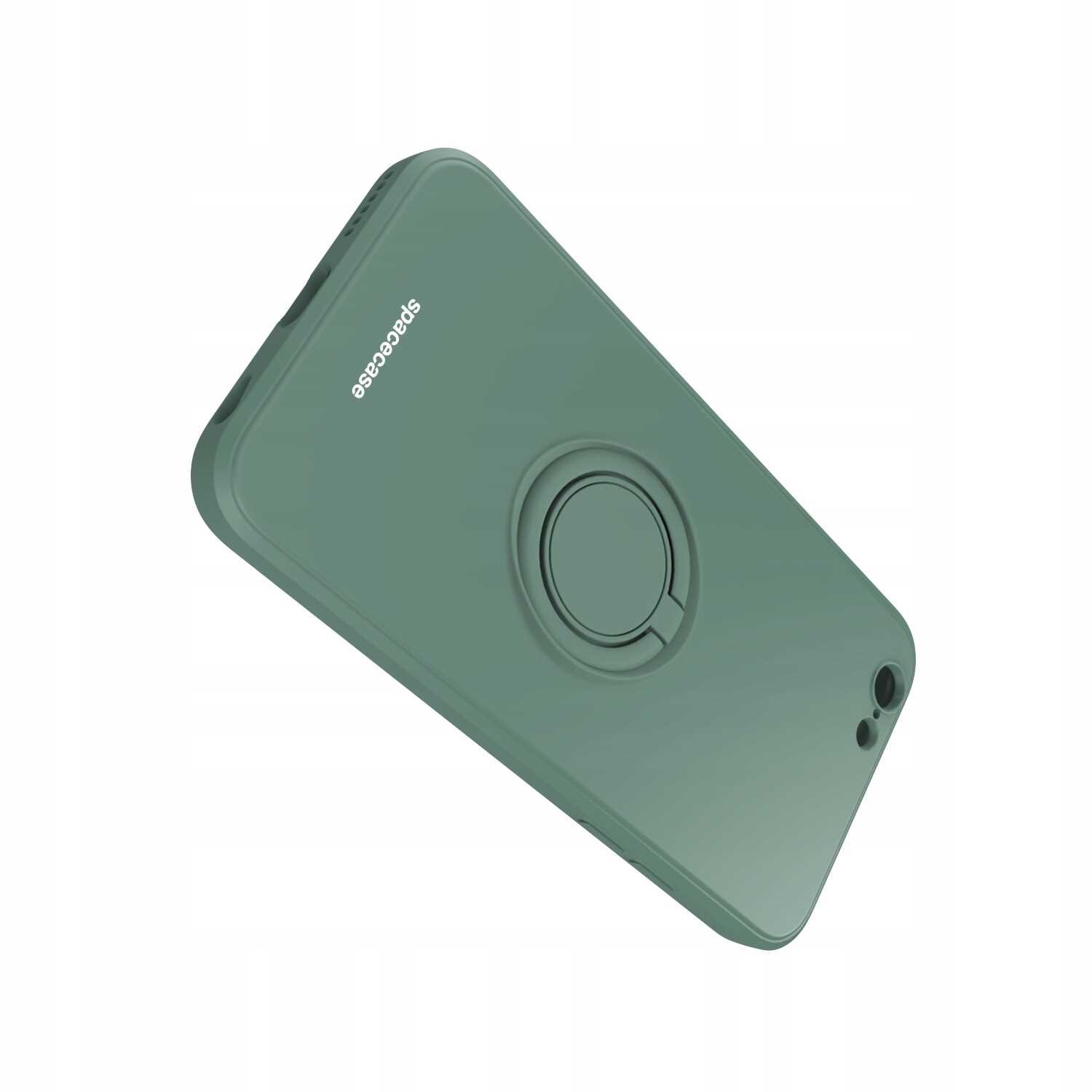 Zielone silikonowe etui z napisem \'spacecase\' i wbudowanym pierścieniem na tylnej stronie. Etui ma otwory na aparat i inne elementy telefonu.