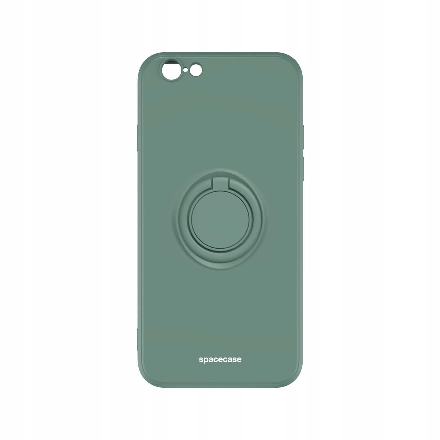 Zielone silikonowe etui z okrągłym uchwytem na środku. Na dole widoczny jest napis \'spacecase\'.