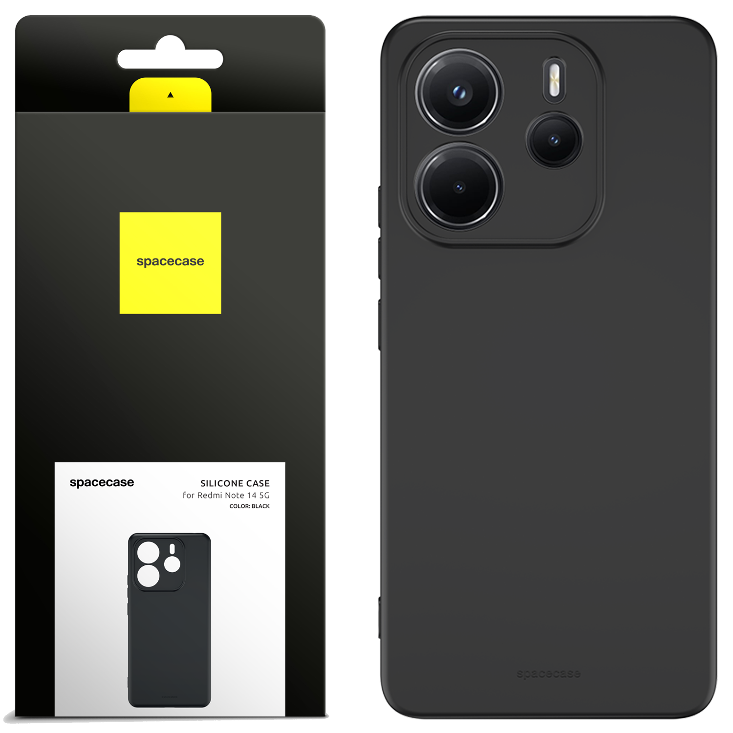 Czarne silikonowe etui na telefon z trzema wycięciami na aparaty. Opakowanie z logo \'spacecase\' i napisem \'SILICONE CASE for Redmi Note 14 5G COLOR: BLACK\'.