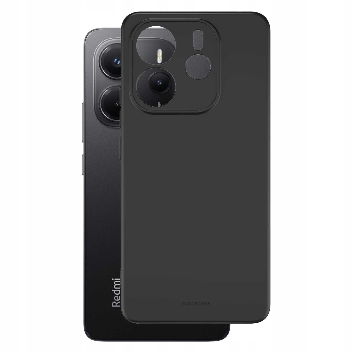 Czarne silikonowe etui na telefon z wycięciami na aparat i przyciski. W tle widoczny jest telefon z napisem \'Redmi\'.