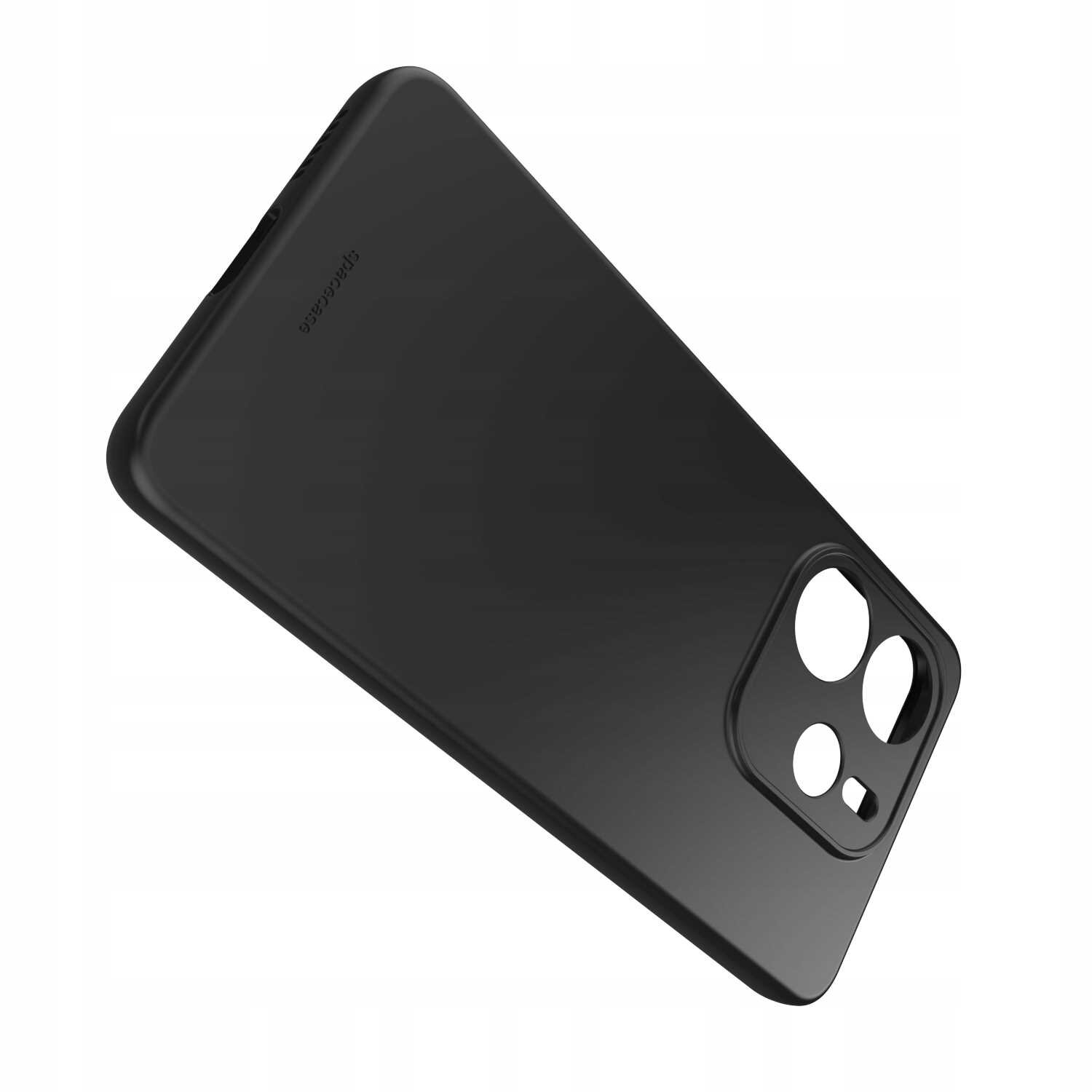 Czarne silikonowe etui z wycięciami na aparat i logo \'spacecase\' na powierzchni. Etui jest przeznaczone do telefonu Xiaomi Mi Note 14 5G.