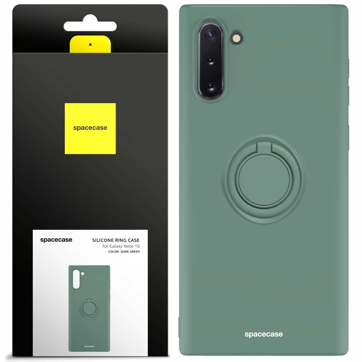 Zielone silikonowe etui z pierścieniem na Galaxy Note 10, zaprezentowane obok opakowania z logo \'spacecase\'. Na opakowaniu widnieje napis: \'SILICONE RING CASE for Galaxy Note 10 COLOR: DARK GREEN\'.