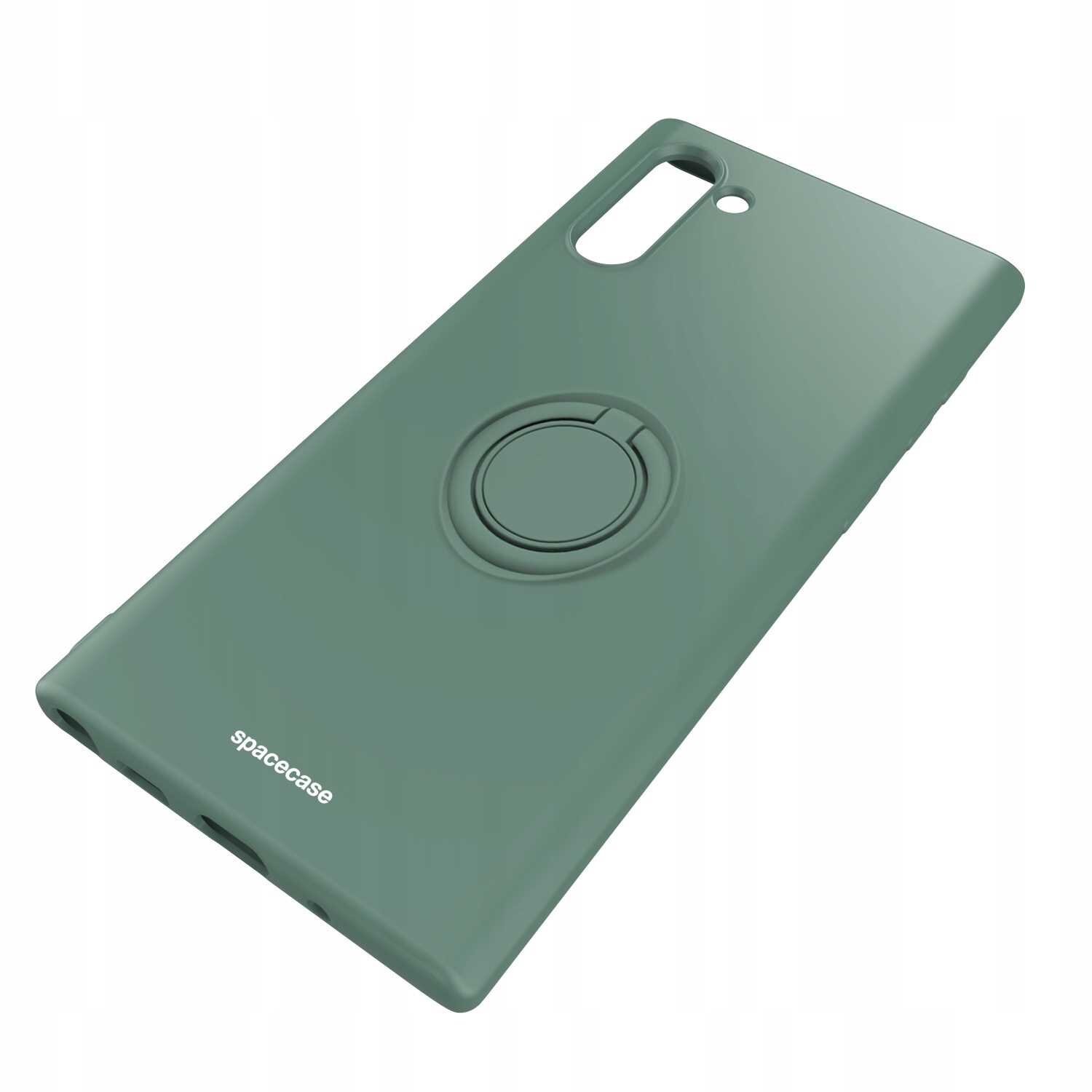 Zielone silikonowe etui z okrągłym uchwytem na tylnej stronie, z wycięciami na aparat i logo \'spacecase\'.