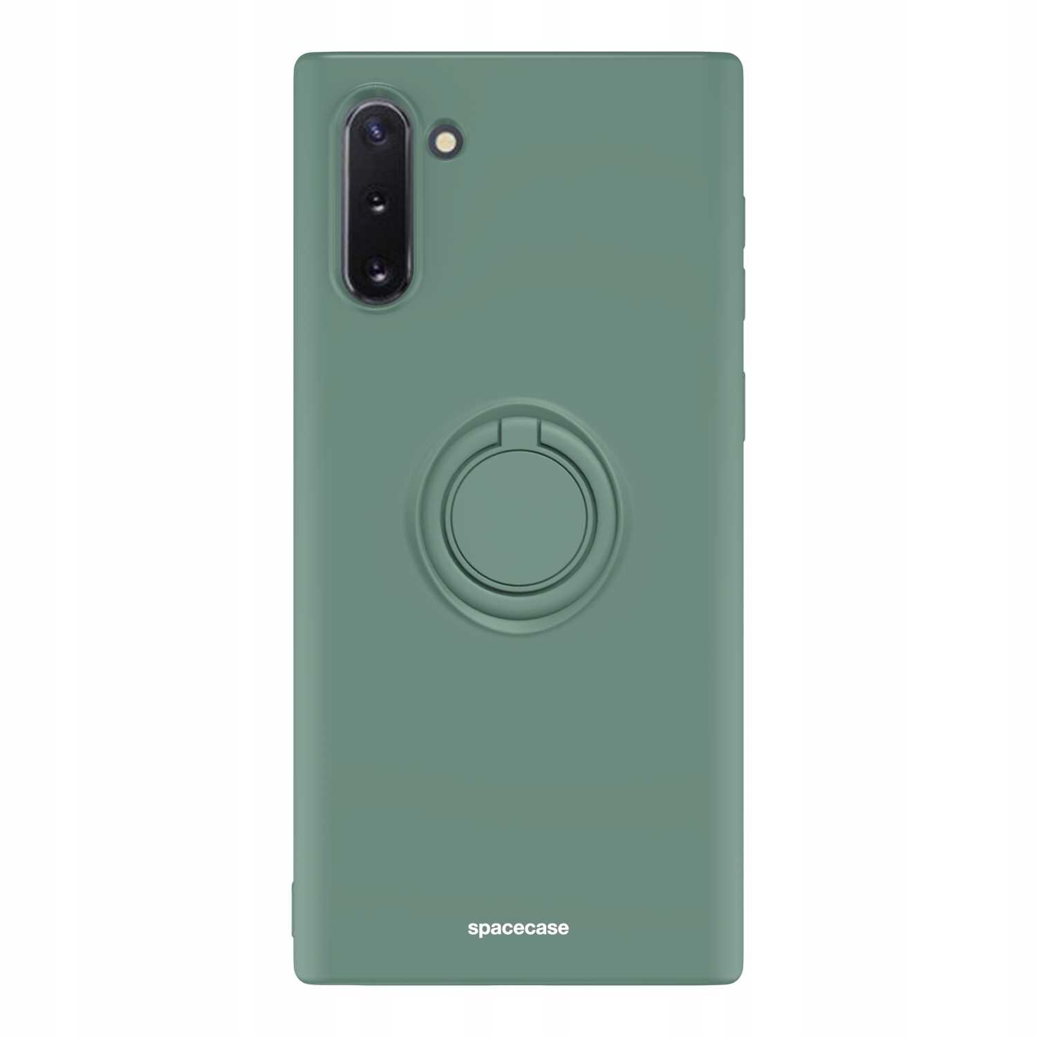 Zielone silikonowe etui z pierścieniem na tylnej stronie, przeznaczone do telefonu Galaxy Note 10. Na dole widoczny jest napis \'spacecase\'.