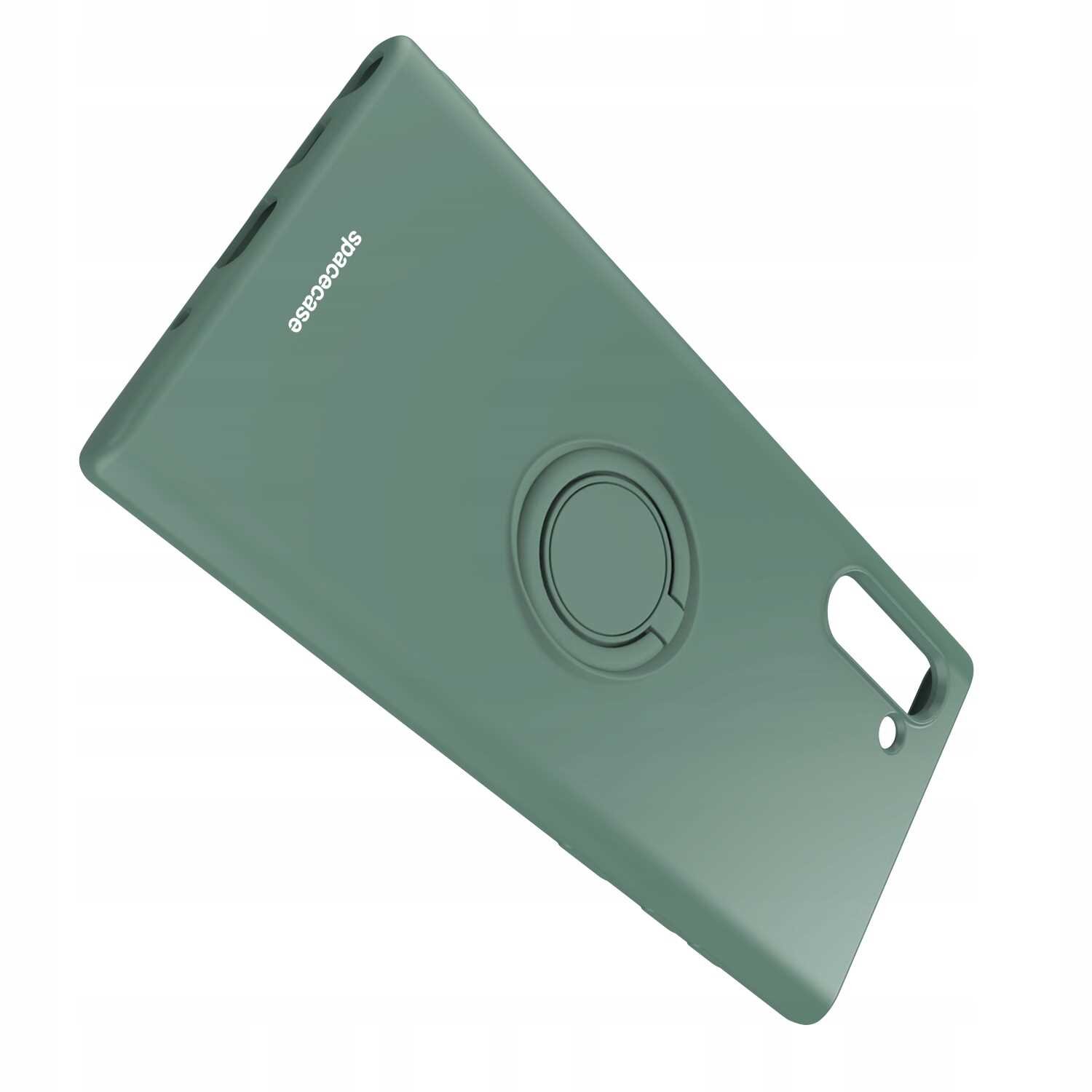 Zielone silikonowe etui z napisem \'SPACECASE\' i wbudowanym pierścieniem na tylnej części. Posiada wycięcia na aparat i inne elementy telefonu.