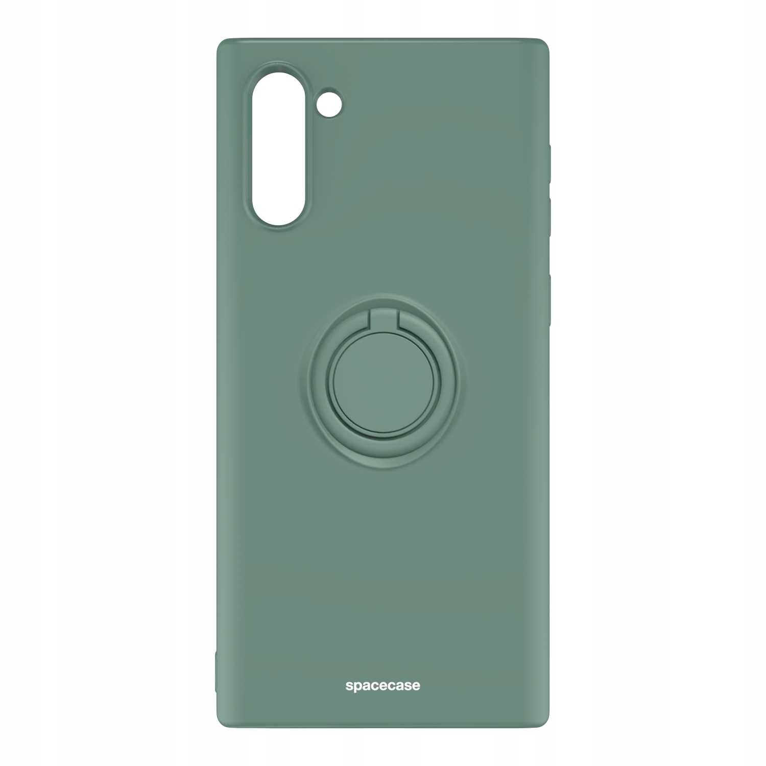 Zielone silikonowe etui z pierścieniem na tylnej stronie, przeznaczone do Galaxy Note 10. Na dole widoczny jest napis \'spacecase\'.