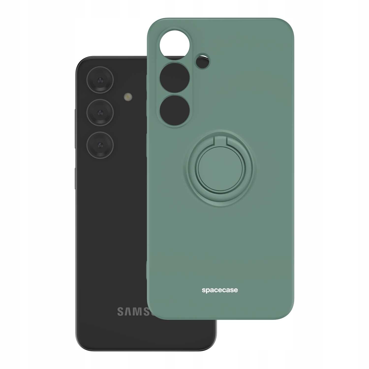 Zielone silikonowe etui z pierścieniem na tylnej stronie, obok czarnego smartfona z trzema aparatami. Na etui widoczny jest napis \'spacecase\'.