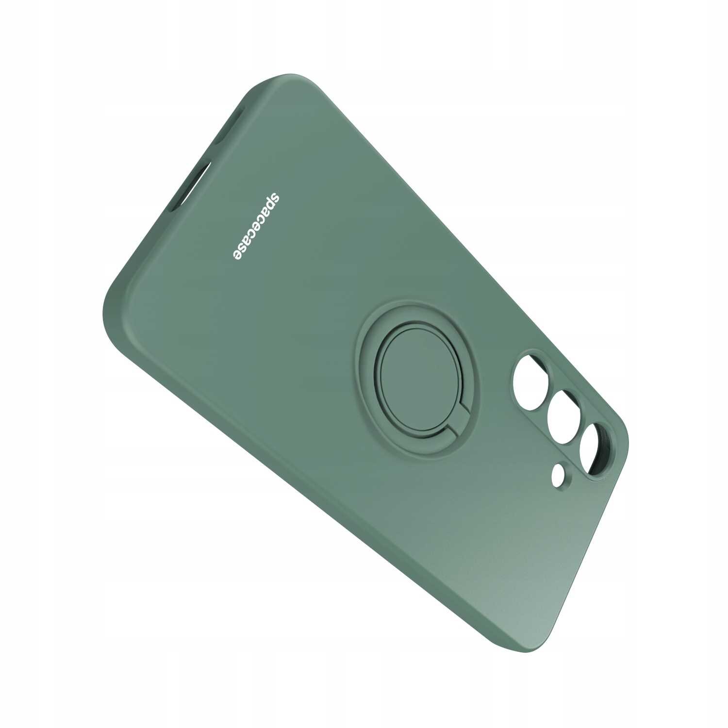Zielone silikonowe etui z napisem \'spacecase\' i wbudowanym pierścieniem na tylnej stronie. Posiada wycięcia na aparat i inne elementy telefonu.