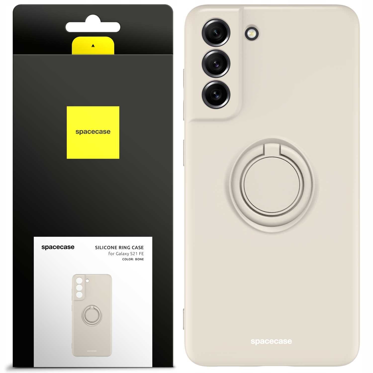 Beżowe silikonowe etui z pierścieniem do Galaxy S21 FE, obok opakowanie z logo \'spacecase\'.