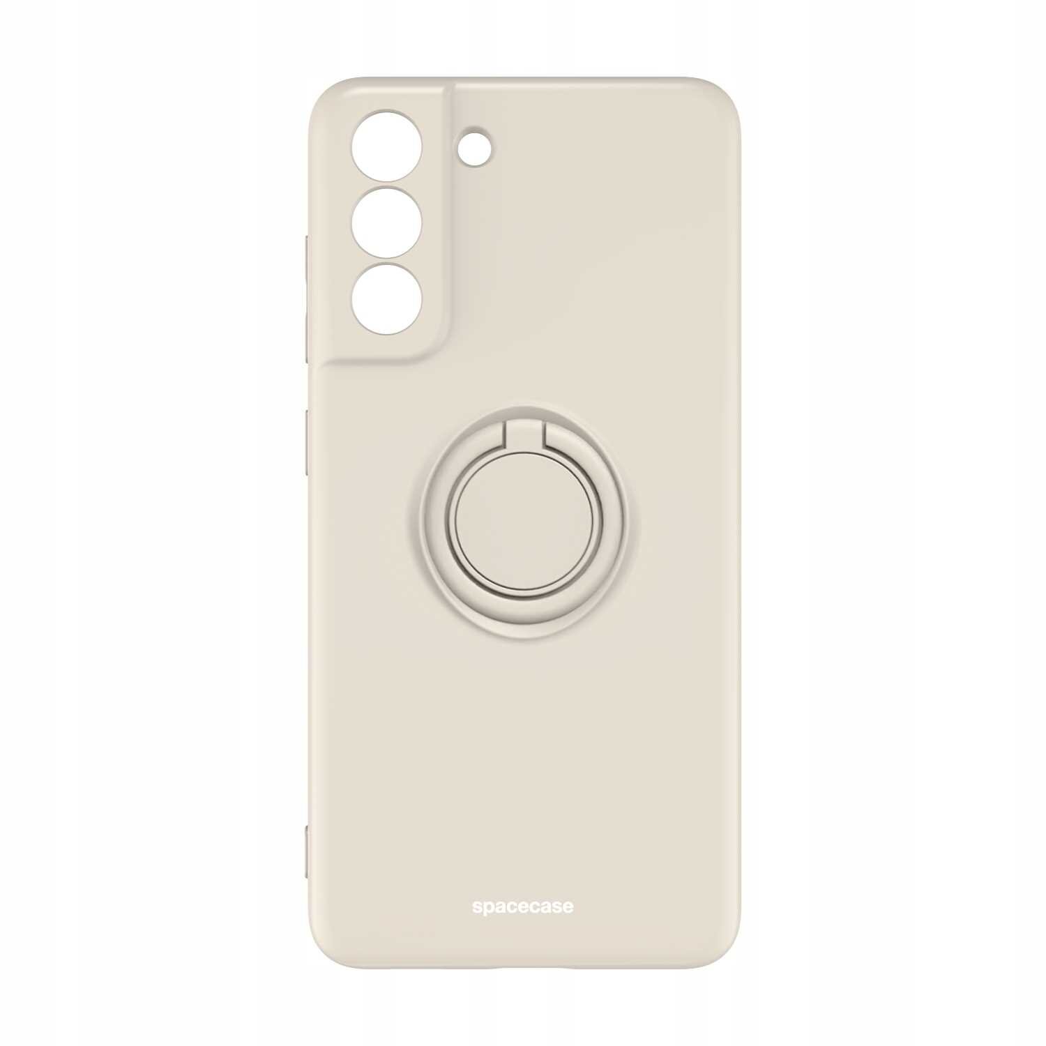 Beżowe silikonowe etui z pierścieniem na tylnej stronie, przeznaczone do Galaxy S21 FE. Widoczne logo: spacecase.
