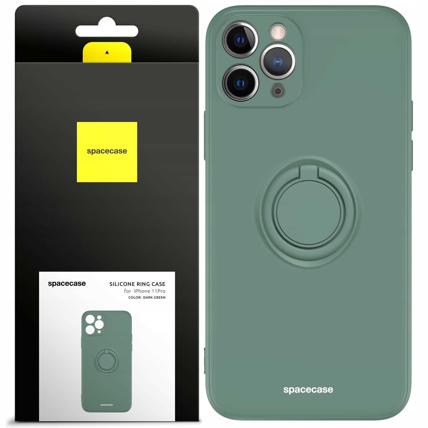 Zielone silikonowe etui z pierścieniem na iPhone 11 Pro, obok opakowanie z logo \'spacecase\'.