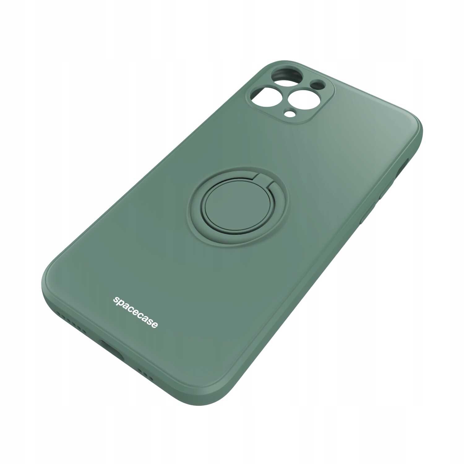 Zielone silikonowe etui z pierścieniem na tylnej stronie, przeznaczone do iPhone 11 Pro. Na etui widoczne jest logo \'spacecase\'.