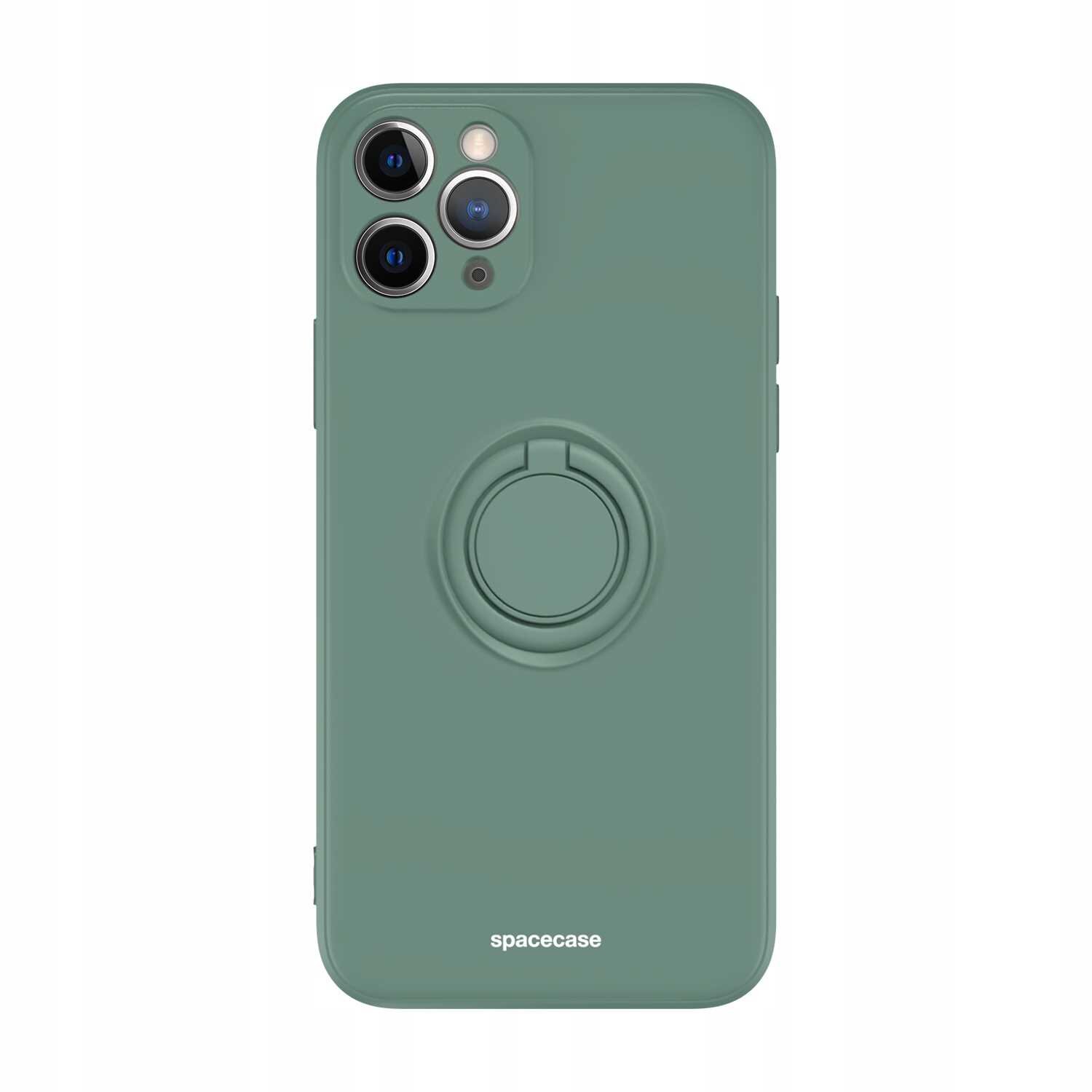 Zielone silikonowe etui z pierścieniem na tylnej stronie, przeznaczone do iPhone 11 Pro. Na dole widoczny jest napis \'spacecase\'.