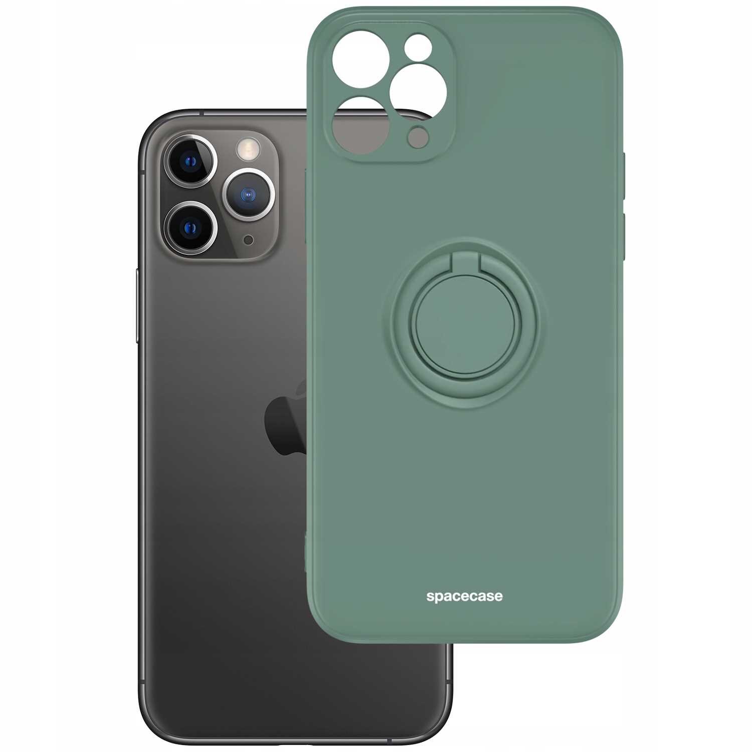 Zielone silikonowe etui z pierścieniem na tył telefonu, obok którego znajduje się telefon z trzema obiektywami aparatu. Na etui widoczny jest napis \'spacecase\'.