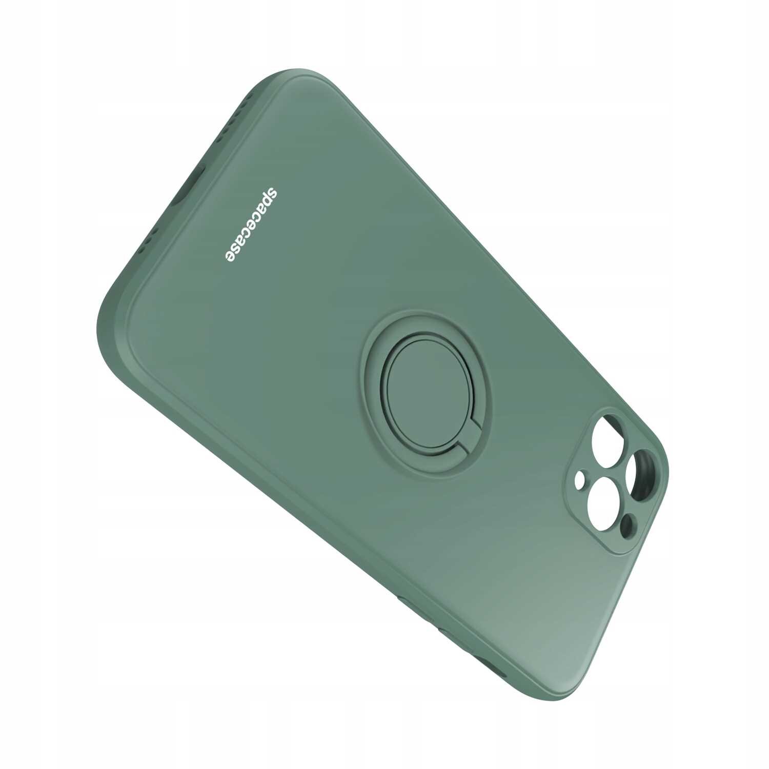 Zielone silikonowe etui z napisem \'Spacecase\' i wbudowanym pierścieniem na tylnej stronie. Etui posiada wycięcia na aparat i przyciski.