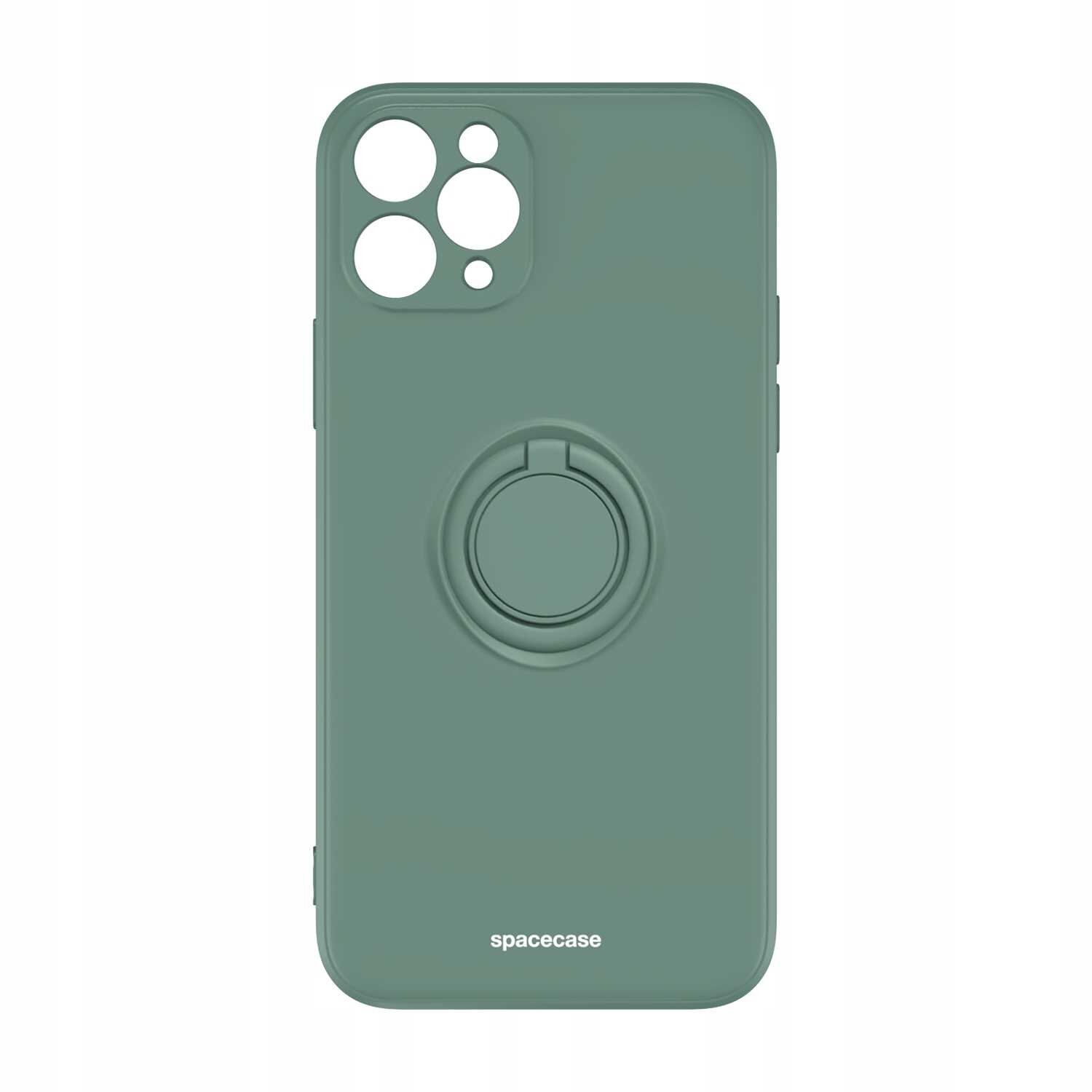 Zielone silikonowe etui z pierścieniem na tylnej stronie, przeznaczone do iPhone 11 Pro. Na dole widoczny jest napis \'spacecase\'.