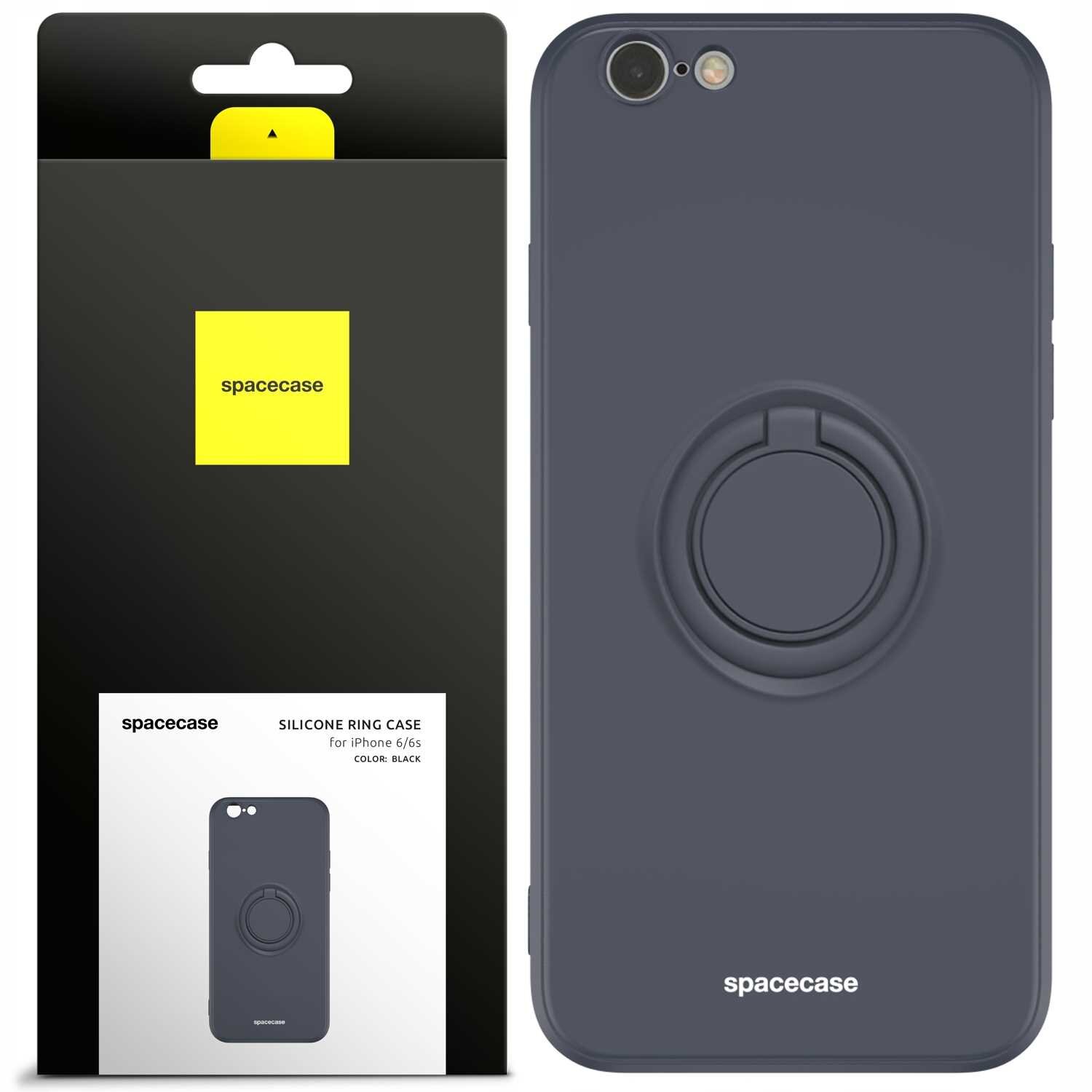 Obraz przedstawia czarne silikonowe etui z pierścieniem na iPhone 6/6s. Opakowanie zawiera logo \'spacecase\' oraz napis \'SILICONE RING CASE for iPhone 6/6s COLOR: BLACK\'.