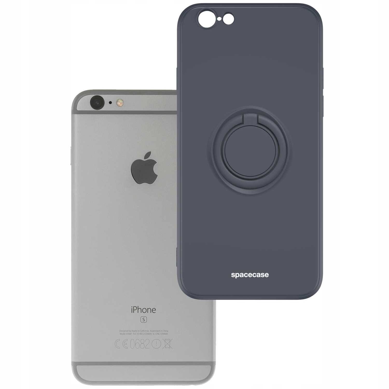 Na obrazie widoczne jest czarne silikonowe etui z pierścieniem, z napisem \'spacecase\'. Obok znajduje się szary telefon z logo jabłka i napisem \'iPhone\'.
