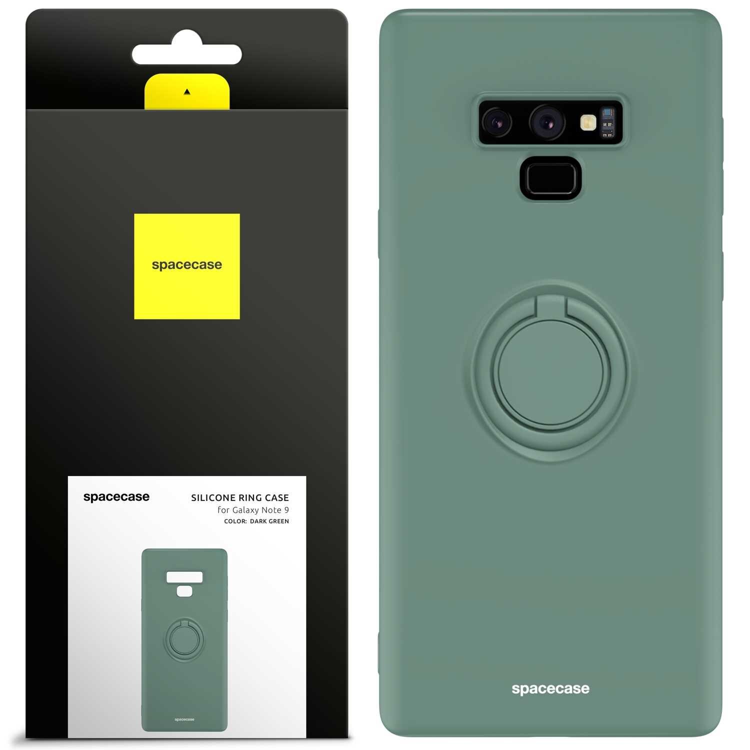 Zielone silikonowe etui z pierścieniem na Galaxy Note 9, obok opakowanie z logo \'spacecase\'.