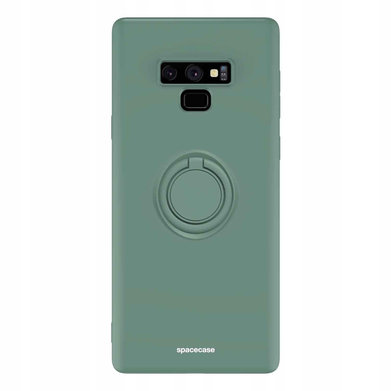 Zielone silikonowe etui z pierścieniem na tylnej stronie, przeznaczone do telefonu Galaxy Note 9. Na dole widoczny jest napis \'spacecase\'.