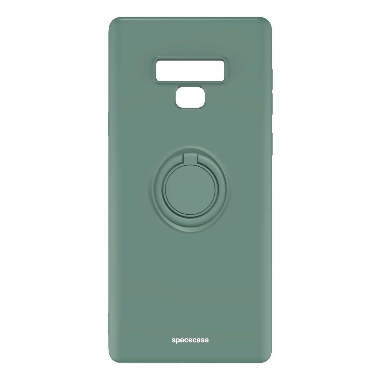Zielone silikonowe etui z pierścieniem na tylnej stronie, przeznaczone do Galaxy Note 9. Na dole widoczny jest napis \'spacecase\'.