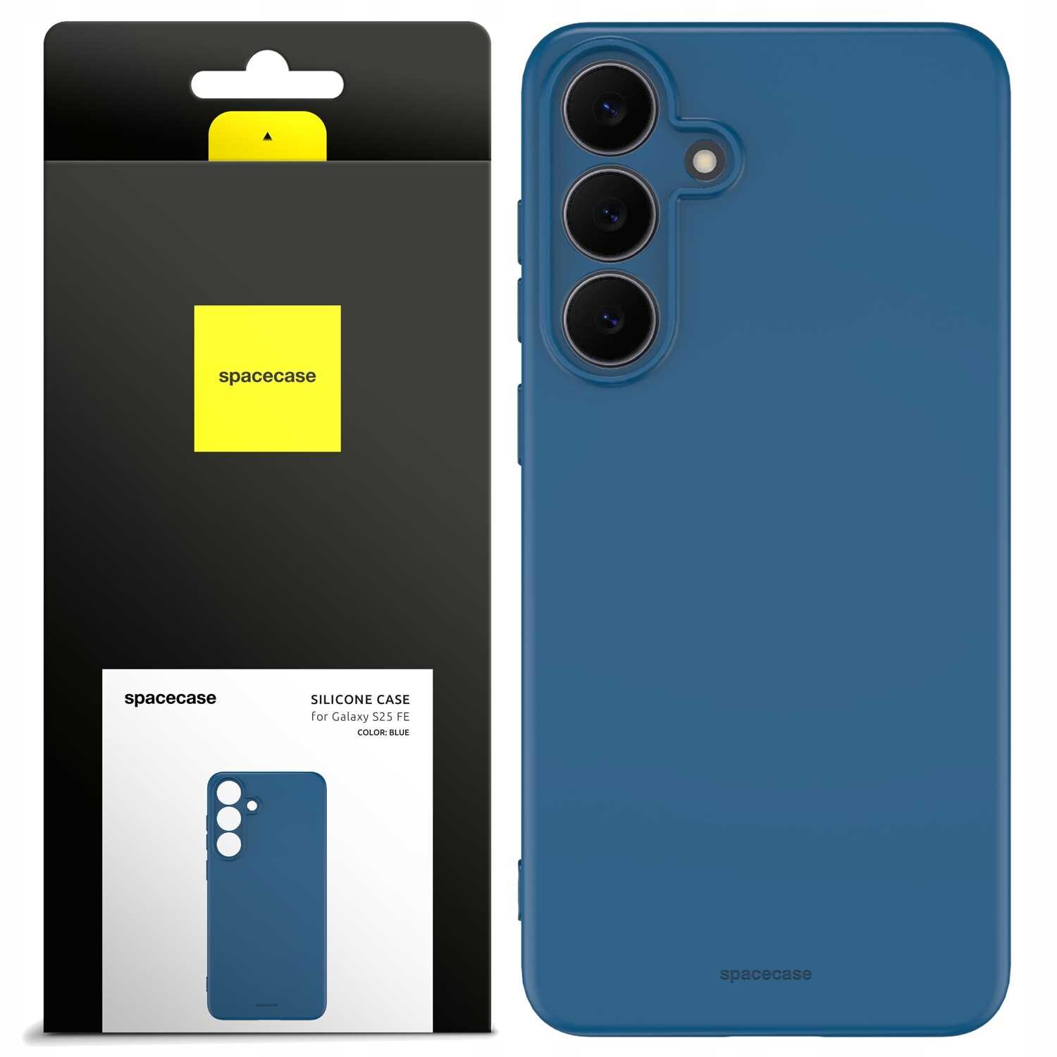 Obraz przedstawia niebieskie silikonowe etui na telefon z trzema otworami na aparaty. Obok znajduje się opakowanie z logo \'spacecase\' i napisem \'SILICONE CASE for Galaxy S25 FE COLOR: BLUE\'.