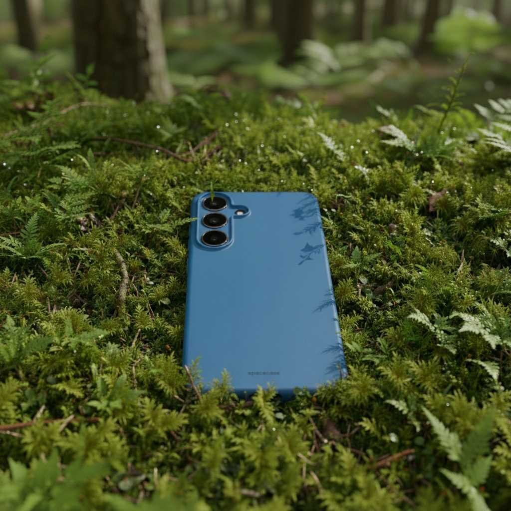 Niebieskie silikonowe etui na telefon leży na zielonym mchu w lesie. Na etui widoczny jest napis \'SPACECASE\'.