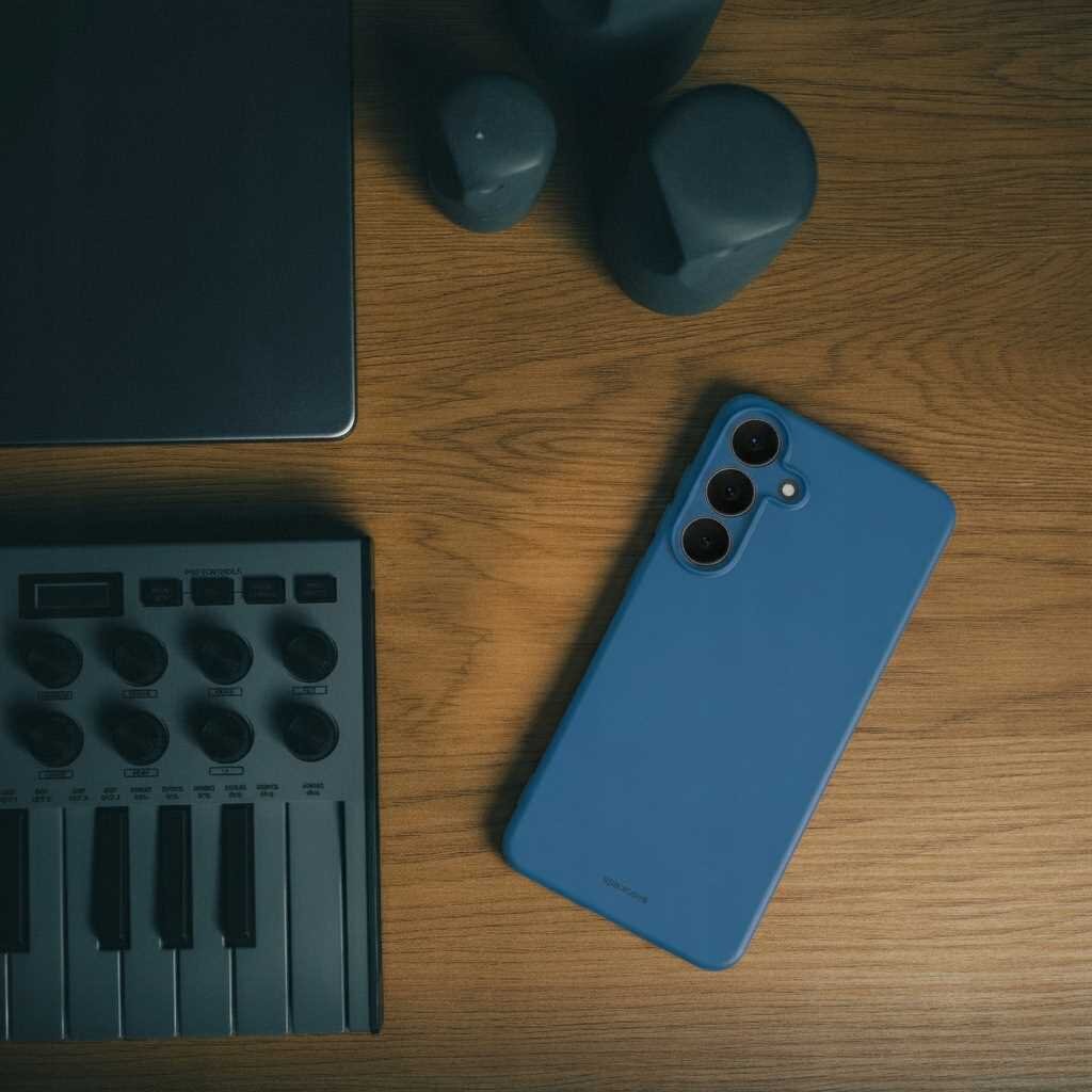 Na drewnianym blacie leży niebieskie silikonowe etui na telefon z trzema otworami na aparaty. Obok znajduje się fragment klawiatury MIDI i laptopa.