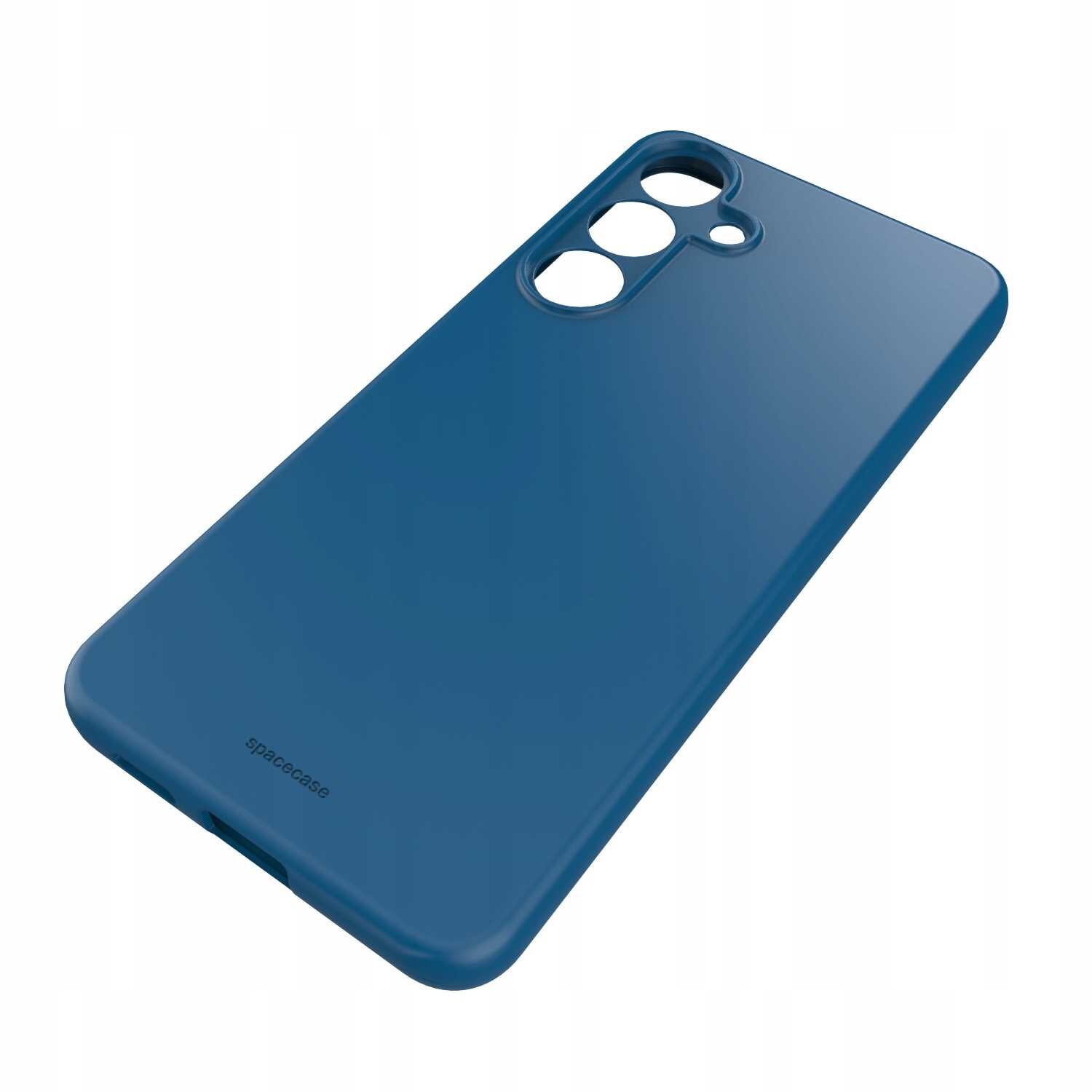 Niebieskie silikonowe etui z trzema otworami na aparat i napisem \'spacecase\' na dole.