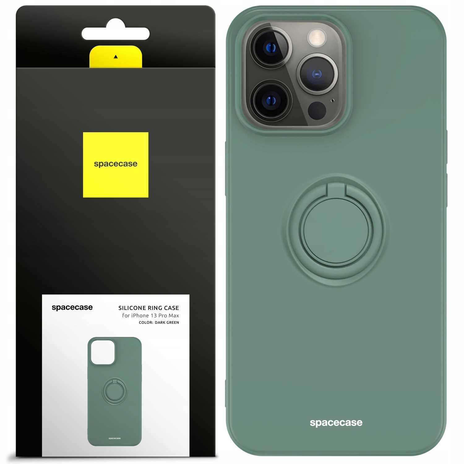 Zielone silikonowe etui z pierścieniem na iPhone 13 Pro Max, obok opakowanie z logo \'spacecase\'.