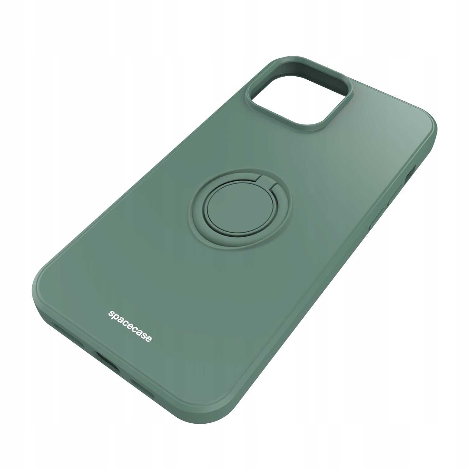 Zielone silikonowe etui z okrągłym uchwytem na tylnej stronie. Widoczne jest logo \'spacecase\'.