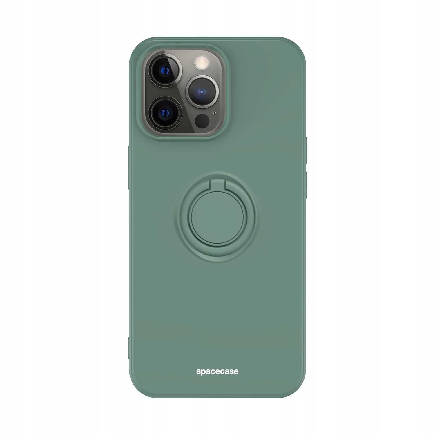 Zielone silikonowe etui z pierścieniem na tylnej stronie, przeznaczone do iPhone 13 Pro Max. Na dole widoczny jest napis \'spacecase\'.
