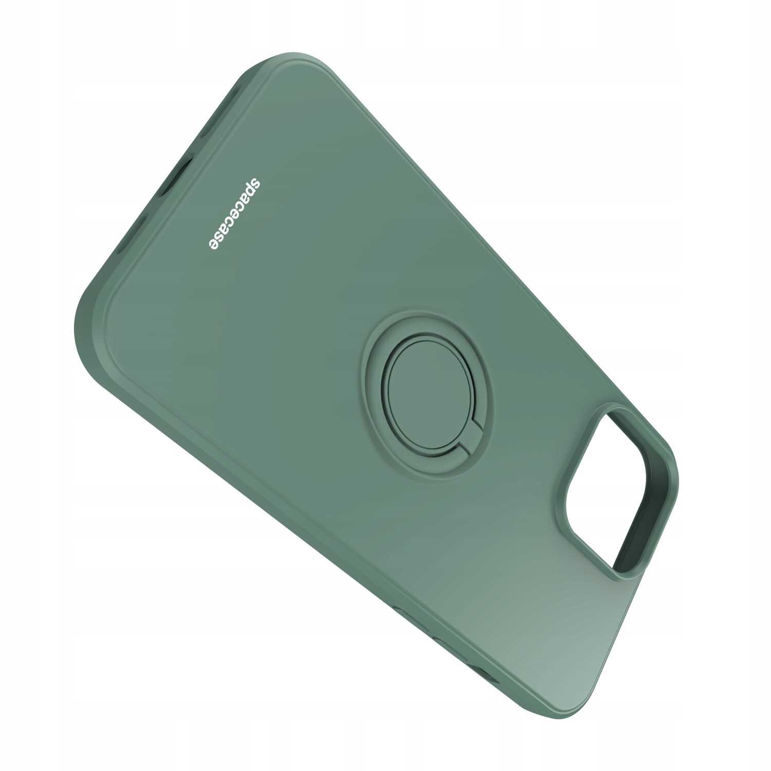 Zielone silikonowe etui z napisem \'SPACECASE\' i wbudowanym pierścieniem na tylnej stronie. Etui ma wycięcie na aparat i przyciski boczne.