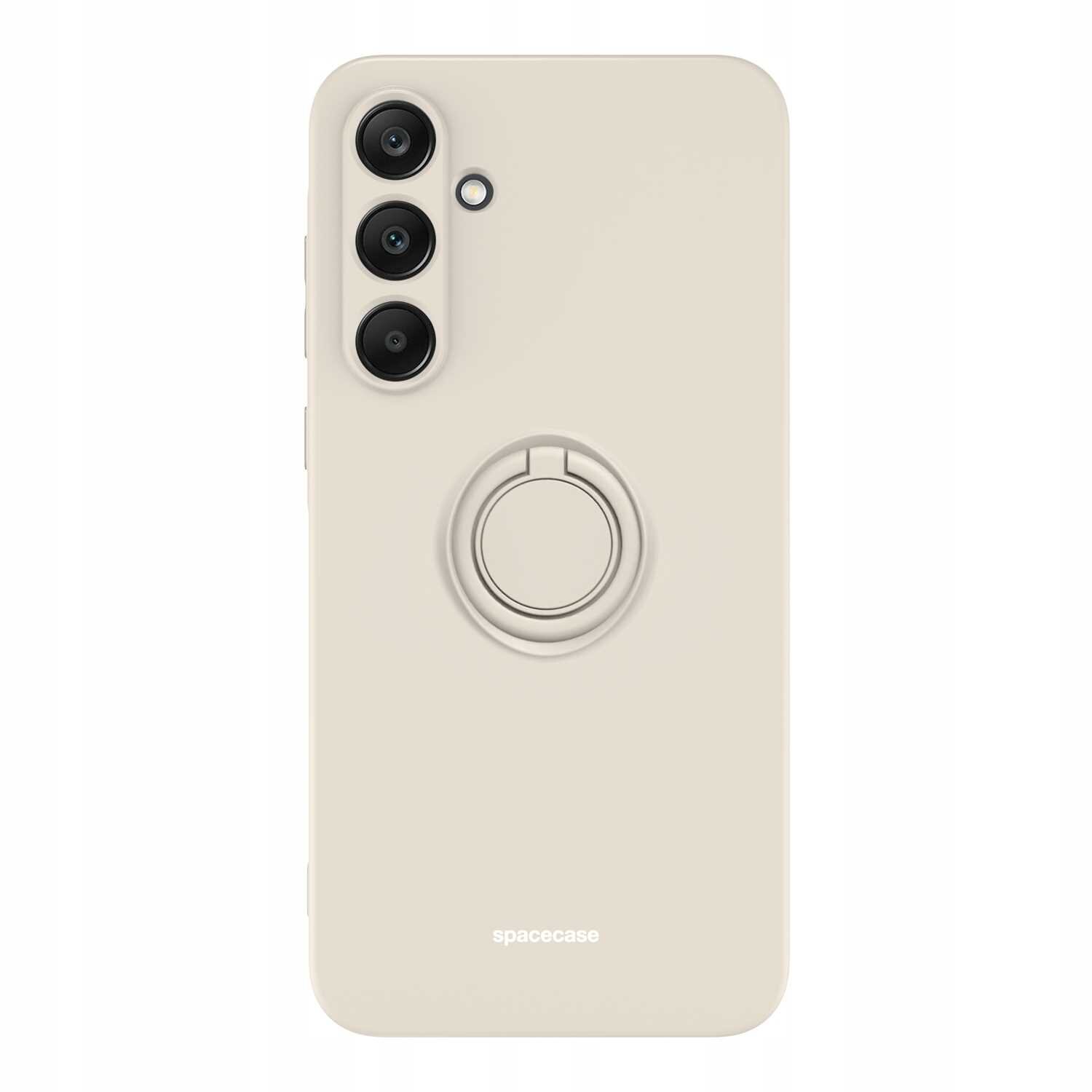Beżowe silikonowe etui z pierścieniem na tylnej stronie, przeznaczone do telefonu Galaxy A35 5G. Widoczne są trzy otwory na aparaty oraz logo \'spacecase\' na dole.