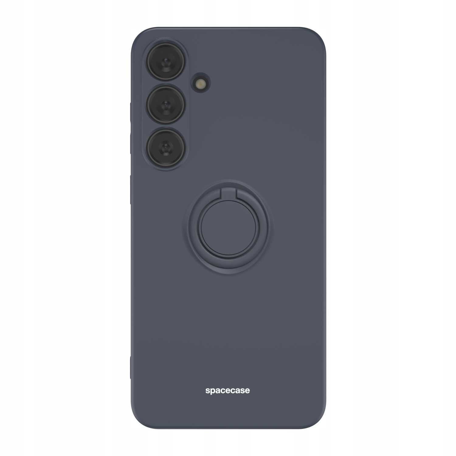 Czarne silikonowe etui z pierścieniem na tylnej stronie, przeznaczone do telefonu z trzema aparatami i lampą błyskową. Na dole widoczne jest logo \'spacecase\'.