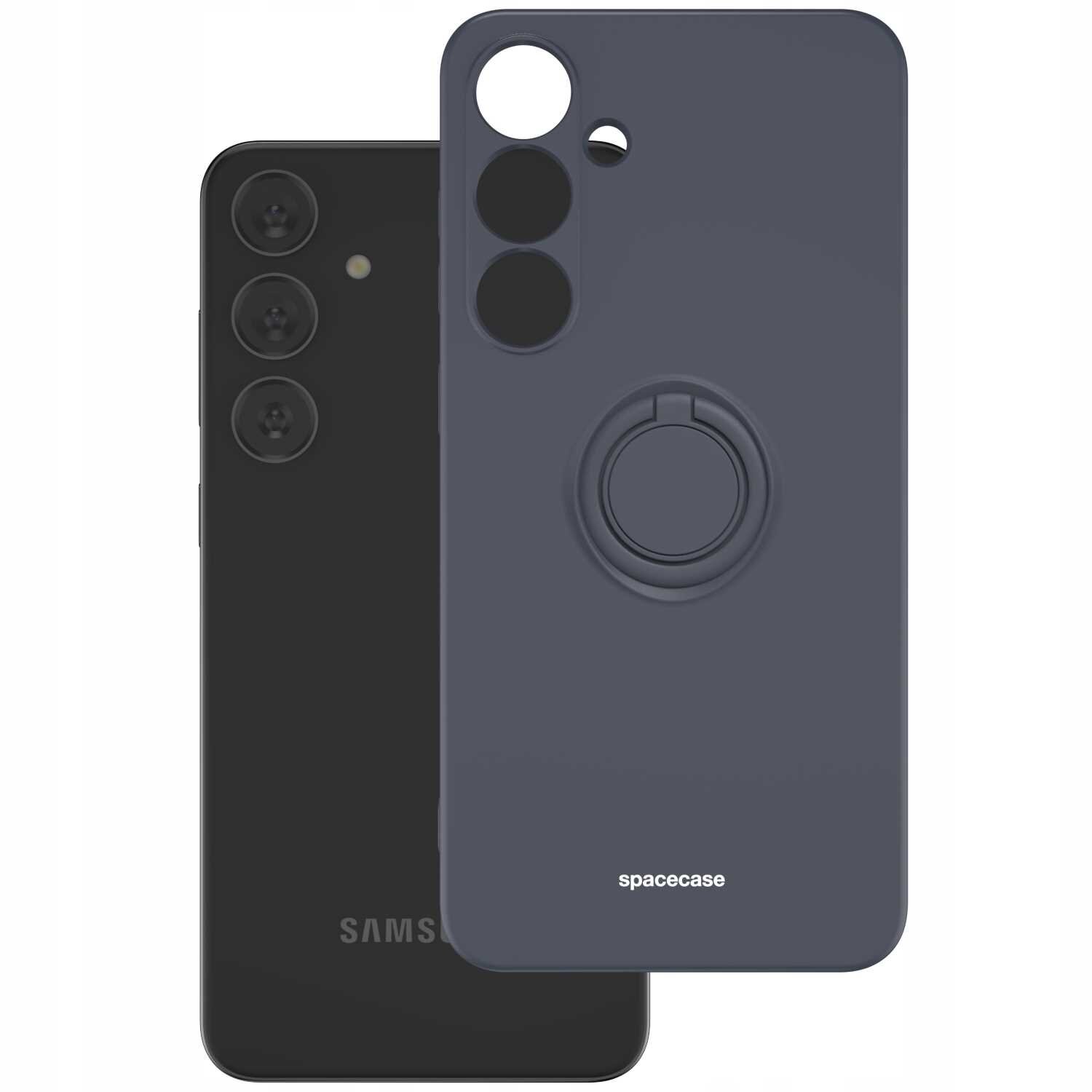 Na obrazie widoczne jest czarne silikonowe etui z pierścieniem na tylnej stronie, obok czarnego smartfona. Na etui znajduje się napis \'spacecase\'.