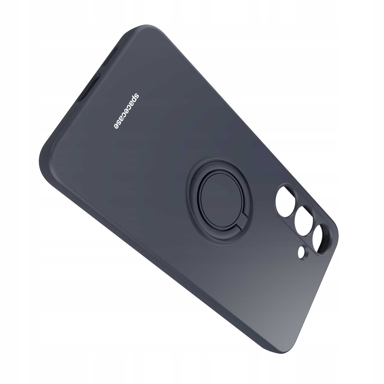 Czarne silikonowe etui z napisem \'Spacecase\' i wbudowanym pierścieniem na tylnej stronie. Posiada wycięcia na aparat i inne elementy telefonu.