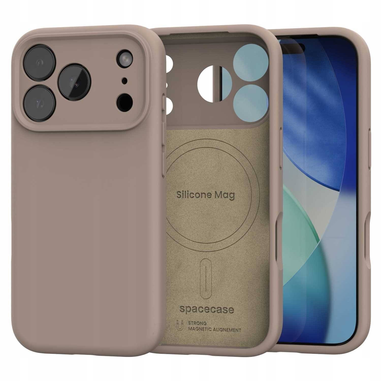 Na obrazie widoczne jest brązowe silikonowe etui magnetyczne z trzema dużymi otworami na aparaty oraz napisem \'Silicone Mag\' i \'spacecase\' wewnątrz. Etui jest przeznaczone do iPhone 17 Pro Max i posiada funkcję MagSafe.