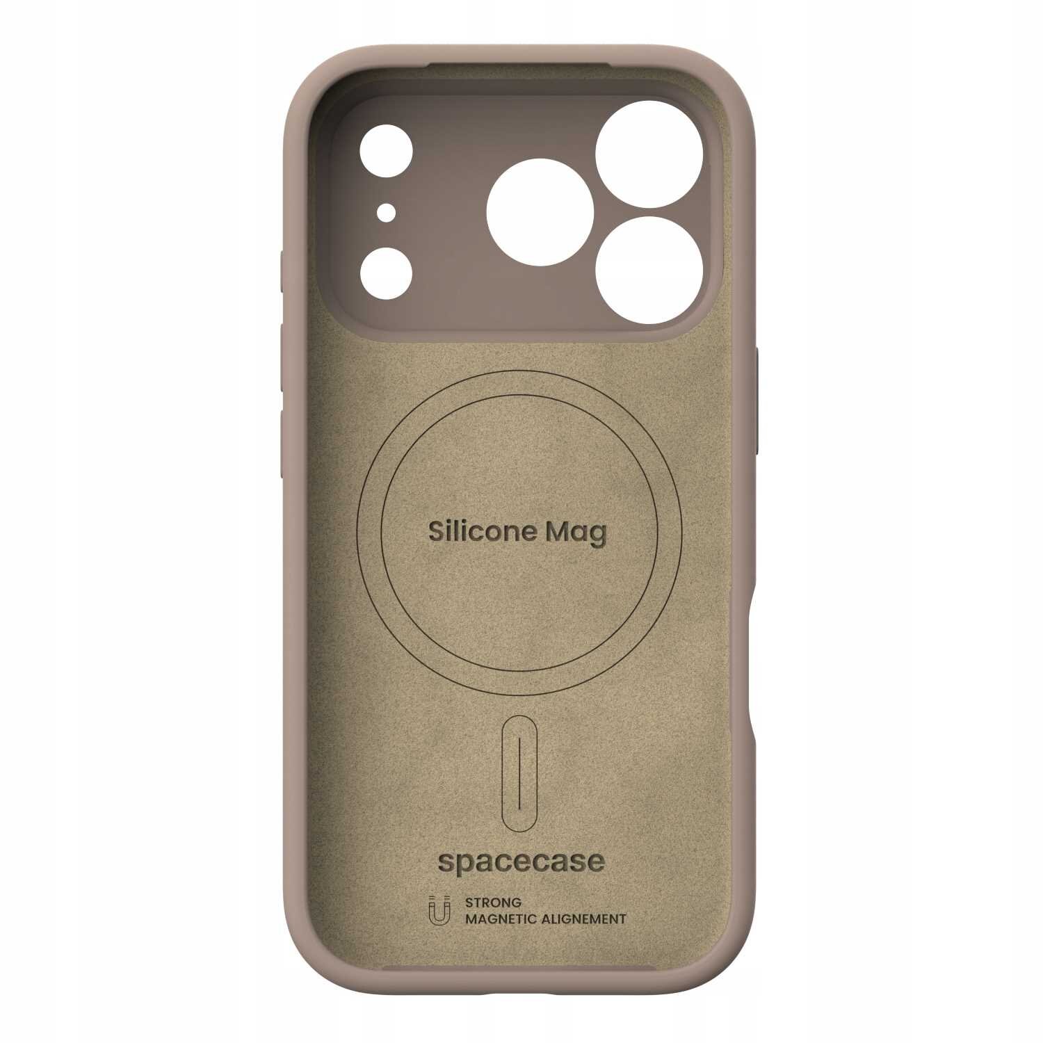 Brązowe silikonowe etui z okrągłym wycięciem na aparat i napisem \'Silicone Mag\' oraz \'spacecase\'. Widoczny jest również symbol magnetyczny i napis \'STRONG MAGNETIC ALIGNEMENT\'.