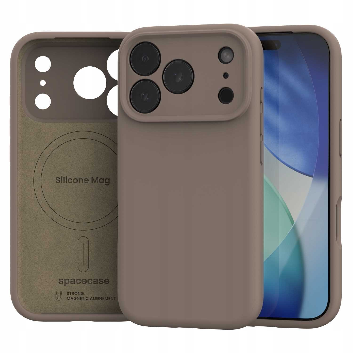 Brązowe silikonowe etui z trzema dużymi otworami na aparaty i dodatkowymi mniejszymi otworami. Wewnątrz widoczny napis: \'Silicone Mag\' oraz logo \'spacecase\' z tekstem \'STRONG MAGNETIC ALIGNEMENT\'.