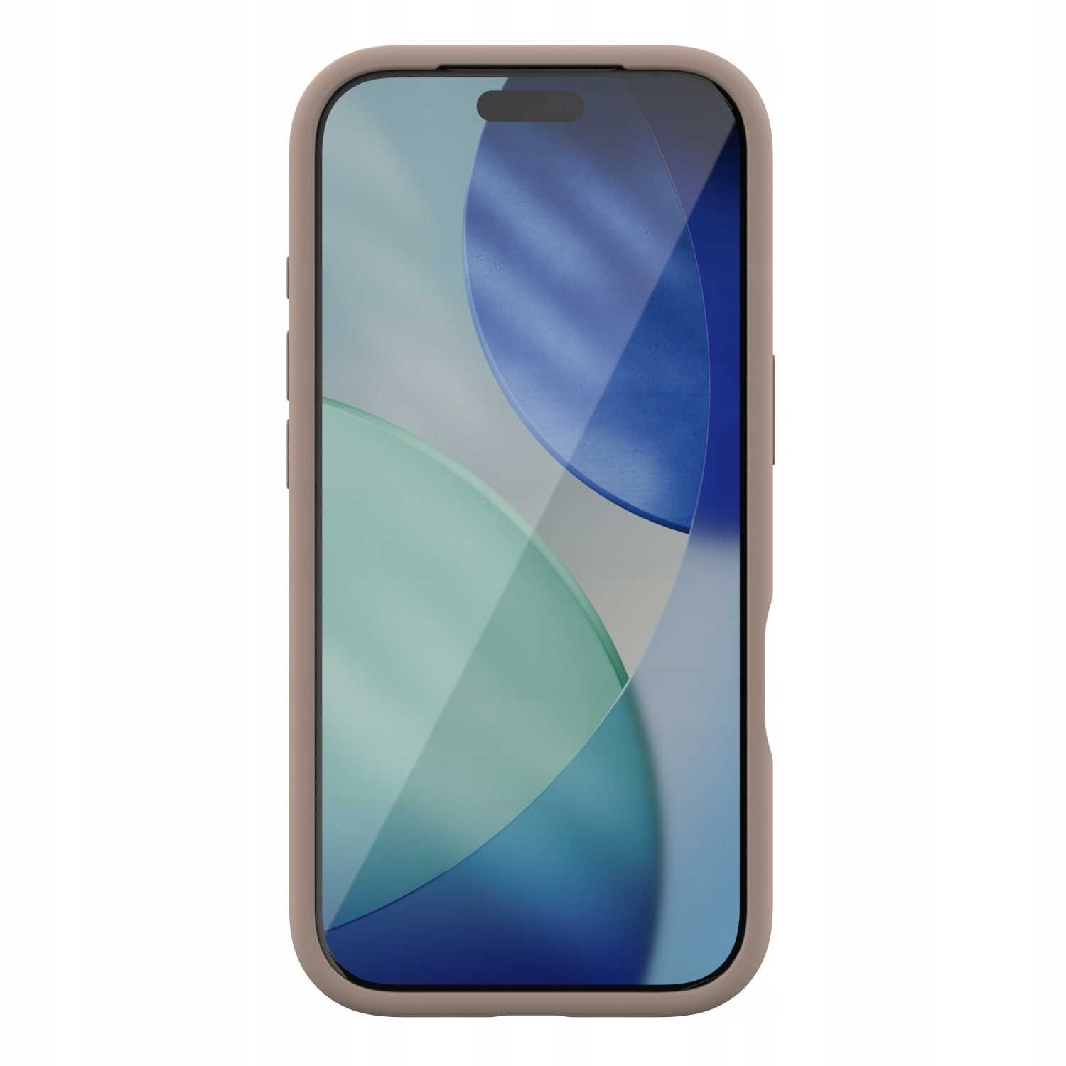Na obrazie widoczne jest brązowe silikonowe etui na telefon z zaokrąglonymi krawędziami. Ekran telefonu wyświetla abstrakcyjne, kolorowe wzory w odcieniach niebieskiego i zielonego.