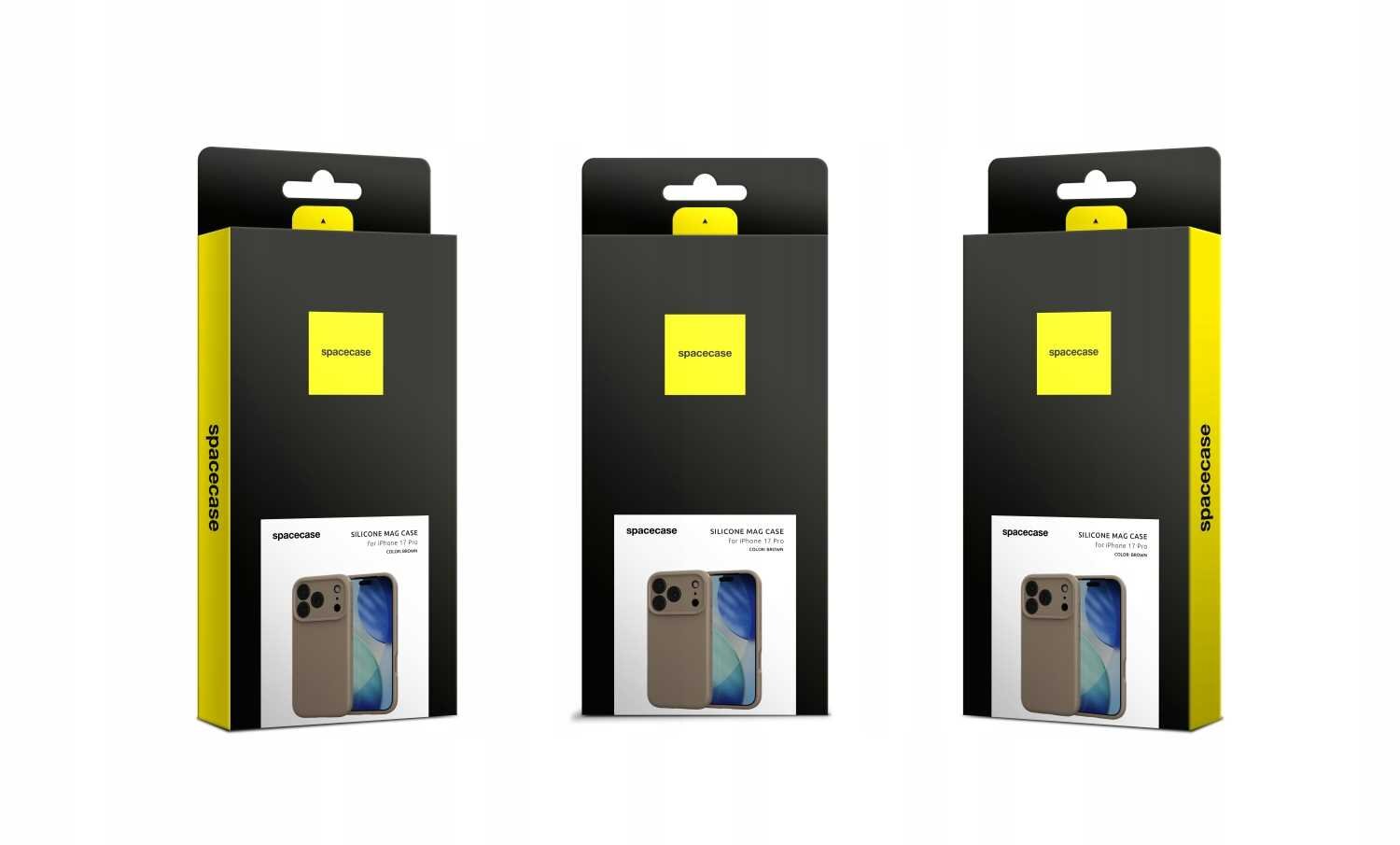 Trzy opakowania produktu SPACECASE Silicone Mag Case do iPhone 17 Pro w kolorze brązowym, z widocznym zdjęciem etui na telefon. Opakowania są czarne z żółtymi elementami i logo \'spacecase\'.