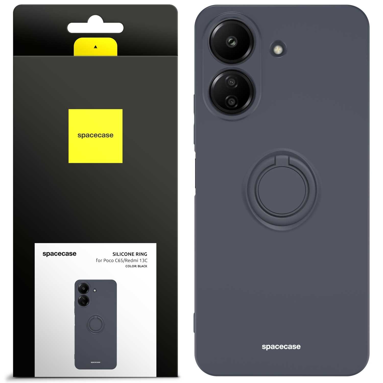 Obraz przedstawia czarne silikonowe etui z pierścieniem na telefon, obok znajduje się opakowanie z logo \'spacecase\'. Na opakowaniu widnieje napis: \'SILICONE RING for Poco C65/Redmi 13C COLOR: BLACK\'.
