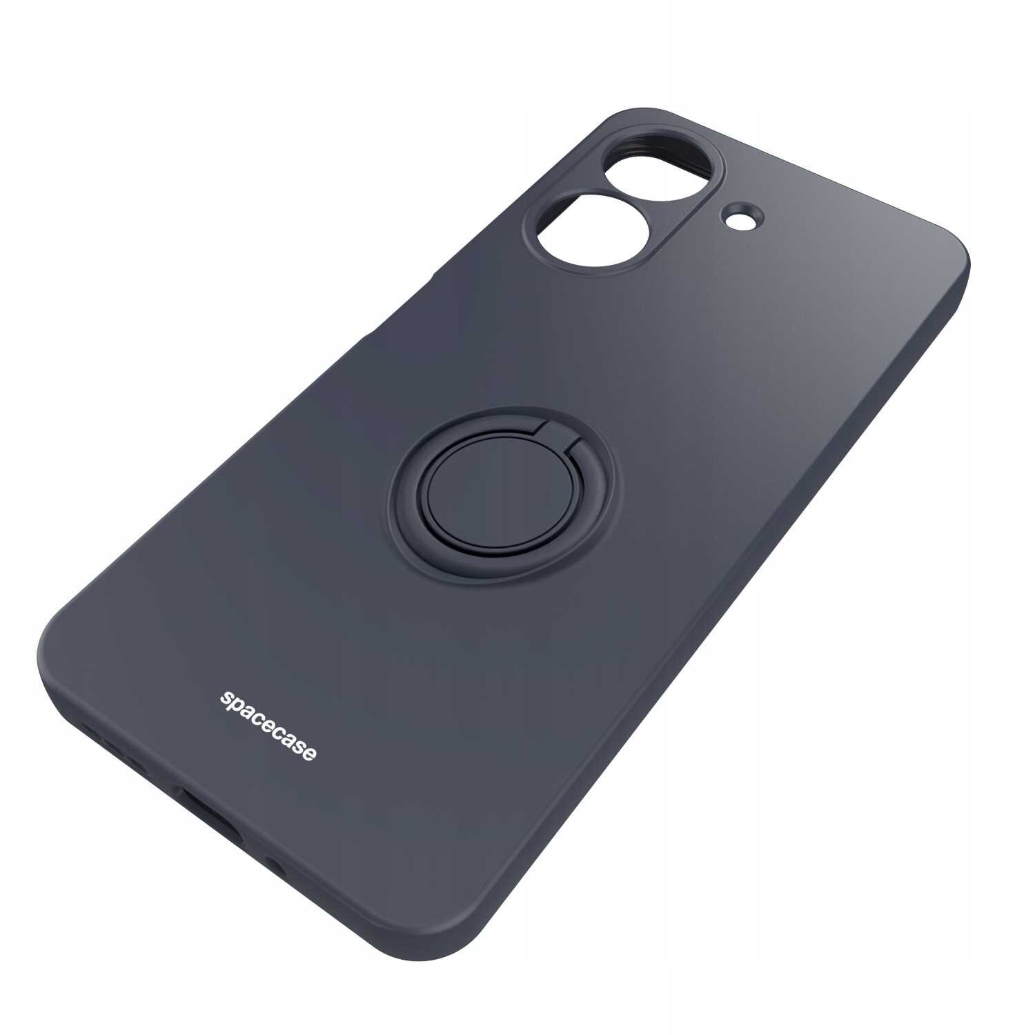 Czarne silikonowe etui z pierścieniem na tylnej stronie, z wycięciami na aparat i logo \'spacecase\'.
