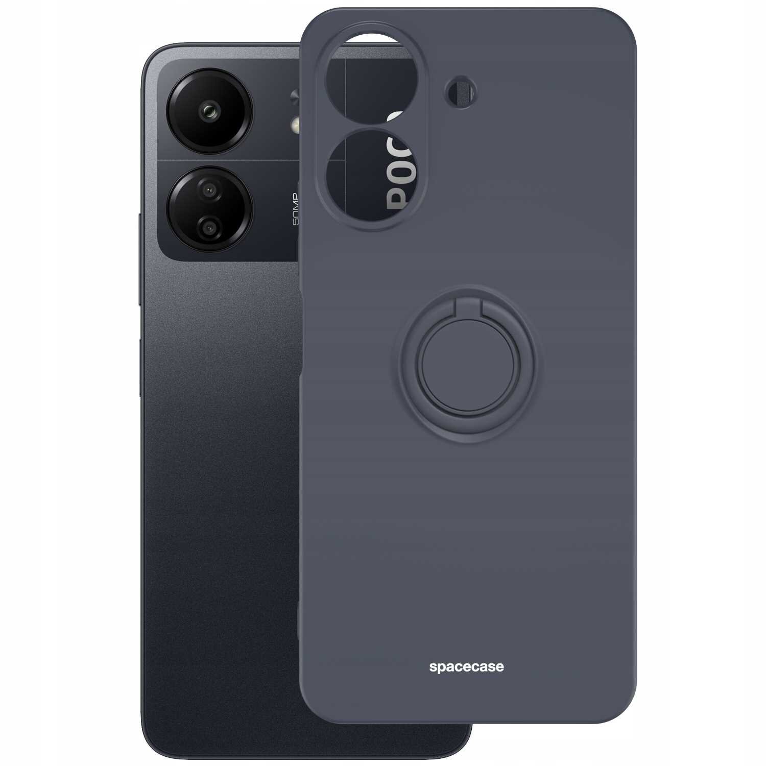 Na obrazie widoczne jest czarne silikonowe etui z pierścieniem, obok którego znajduje się smartfon z dwoma aparatami. Na etui widnieje napis \'spacecase\'.