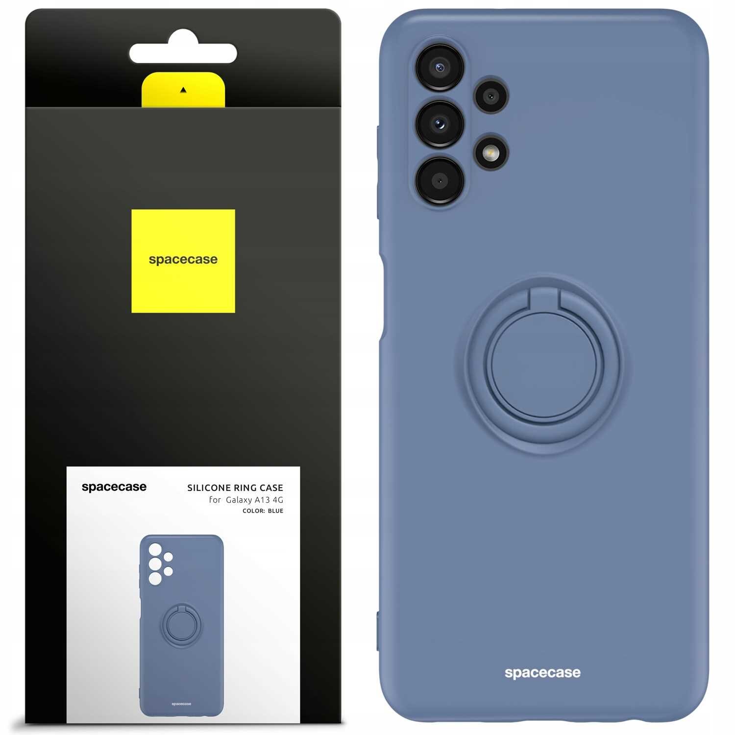 Na obrazie widoczne jest niebieskie silikonowe etui z pierścieniem, przeznaczone do Galaxy A13 4G. Obok znajduje się opakowanie z logo \'spacecase\' i napisem \'SILICONE RING CASE for Galaxy A13 4G COLOR: BLUE\'.