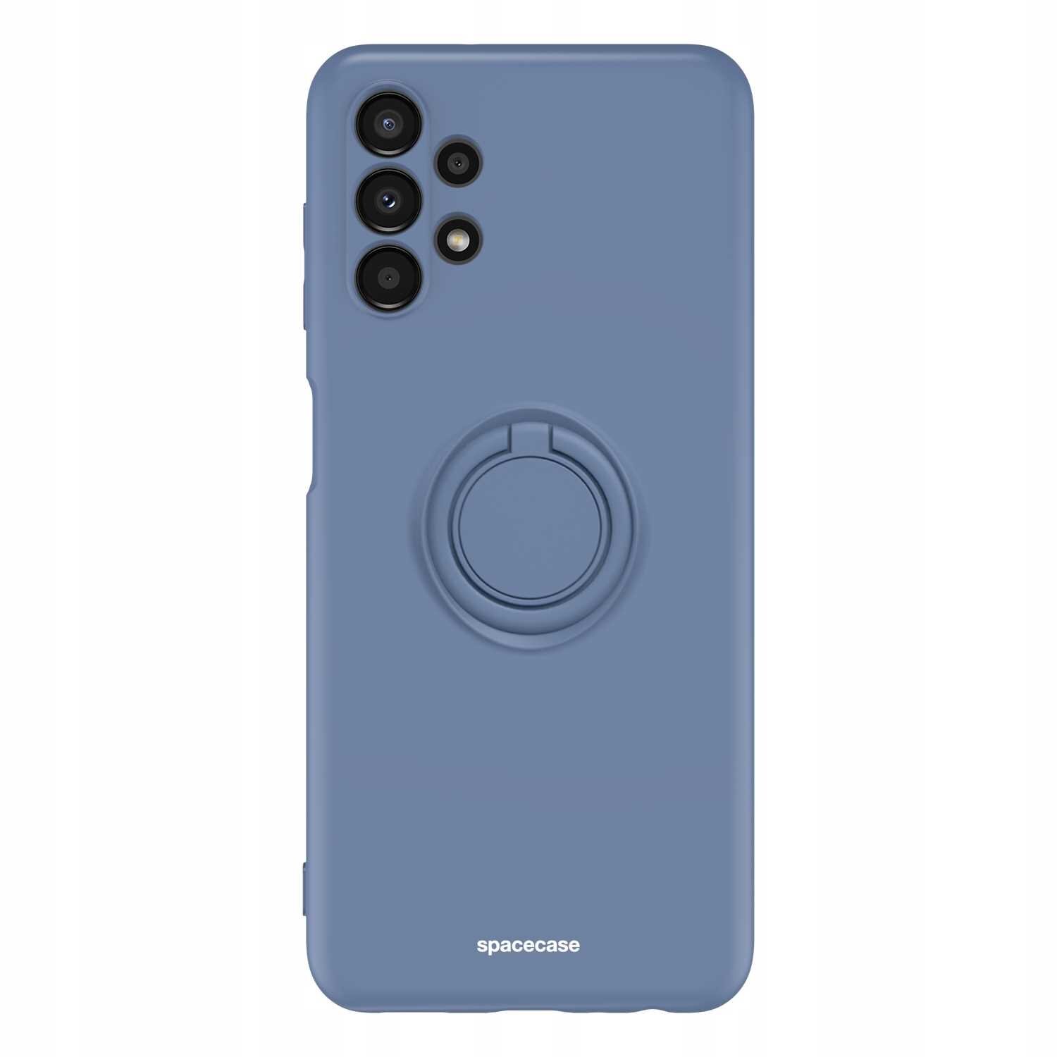 Niebieskie silikonowe etui z pierścieniem na tylnej stronie, przeznaczone do telefonu z czterema otworami na aparaty. Na dole widoczny jest napis \'spacecase\'.
